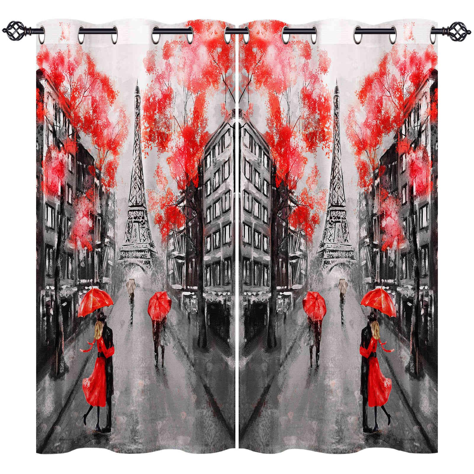 ANHOPE Paris Curtains Eyelet 80% Blackout Room Darkening Curtains with Oil Painting Eiffel Tower Red Tree Print Pattern Light Blocking Window Drapes for Bedroom Living Room 55 x 69 Inch Drop 2 Panels
