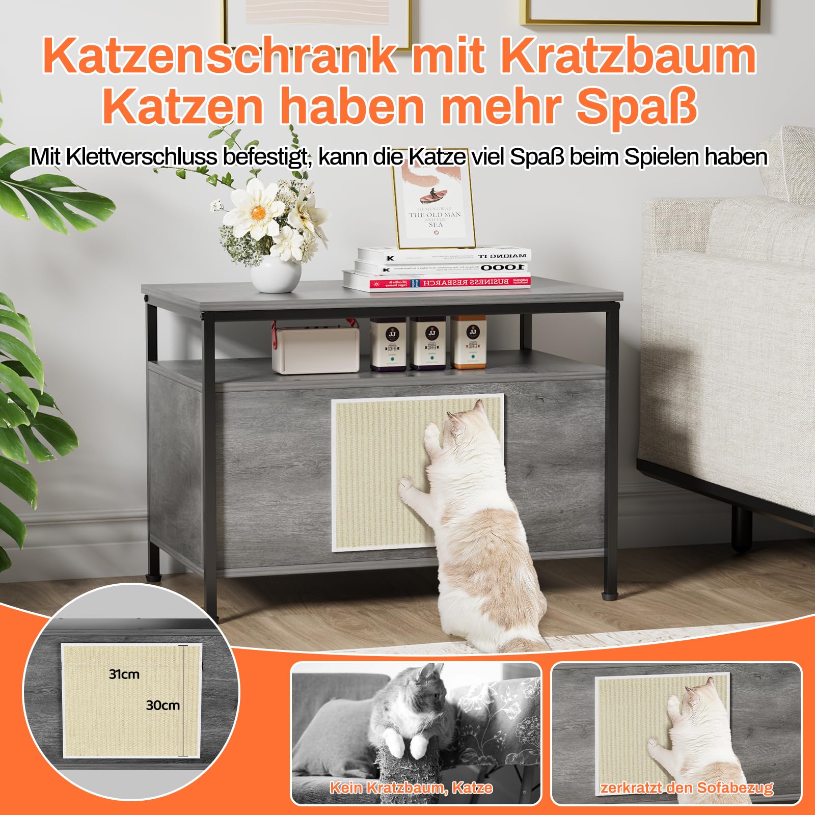 Armadietto Lettiera Per Gatti 98x91x50cm - Con Tiragraffi, Grigio Chiaro, Portata 50kg - Foto 3