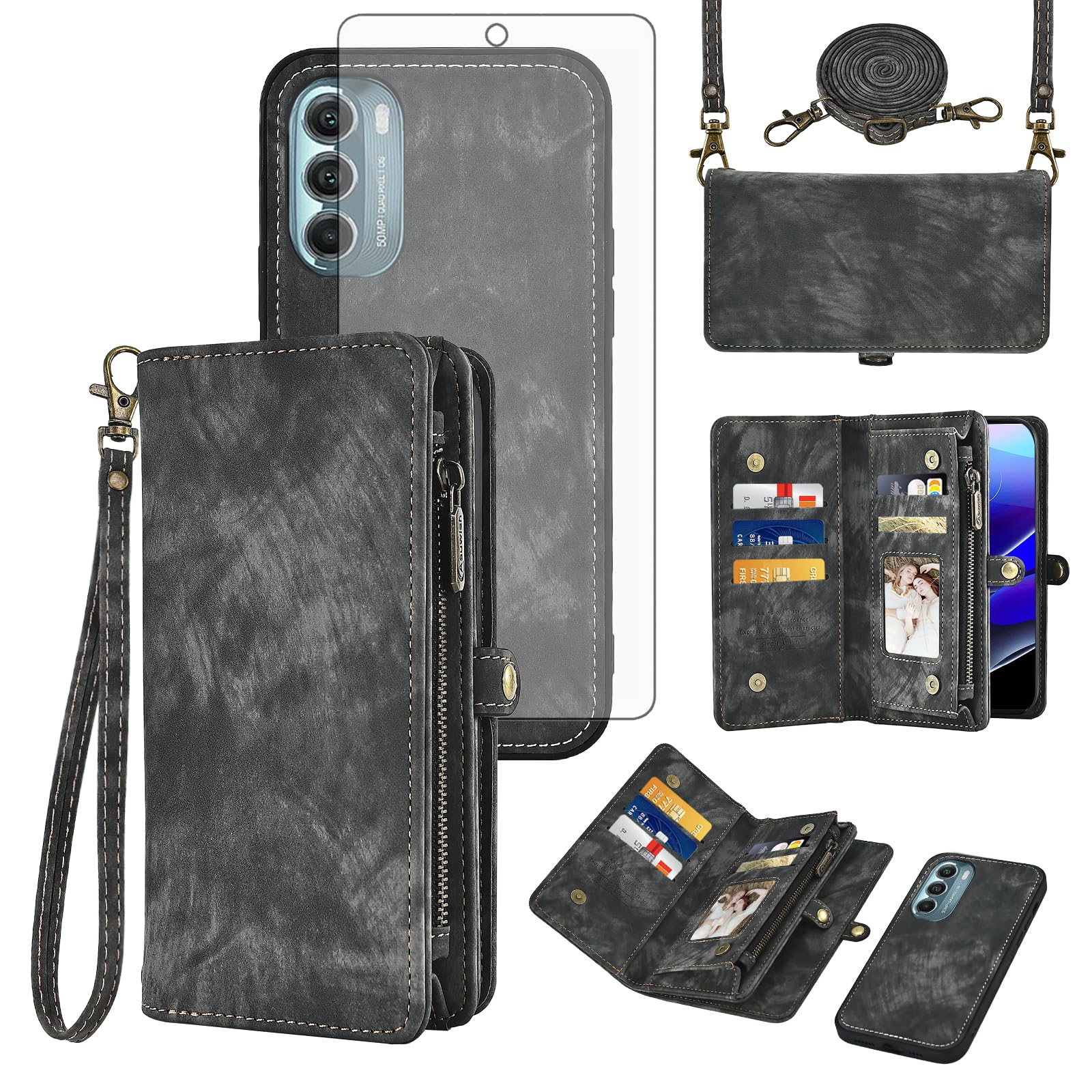 Asuwish Phone Case for Motorola Moto G Stylus 5G 2022 Zipper Wallet Detachable Cell Cover with Tempered Glass Screen Protector Crossbody Strap Flip