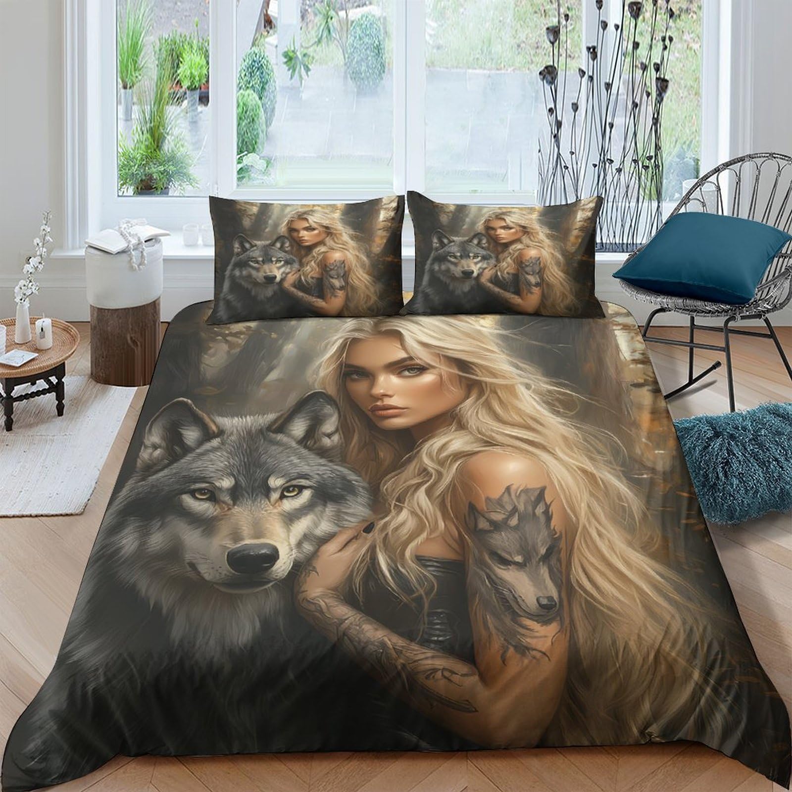 Ctjqhvkz Style-9 3D Printed Wolf Woman Fitted Sheet Microfiber Soft Breathable Fantasy Animal Bed Cover For Bedroom Dorm Guest Room Decor Single（135X200cm）