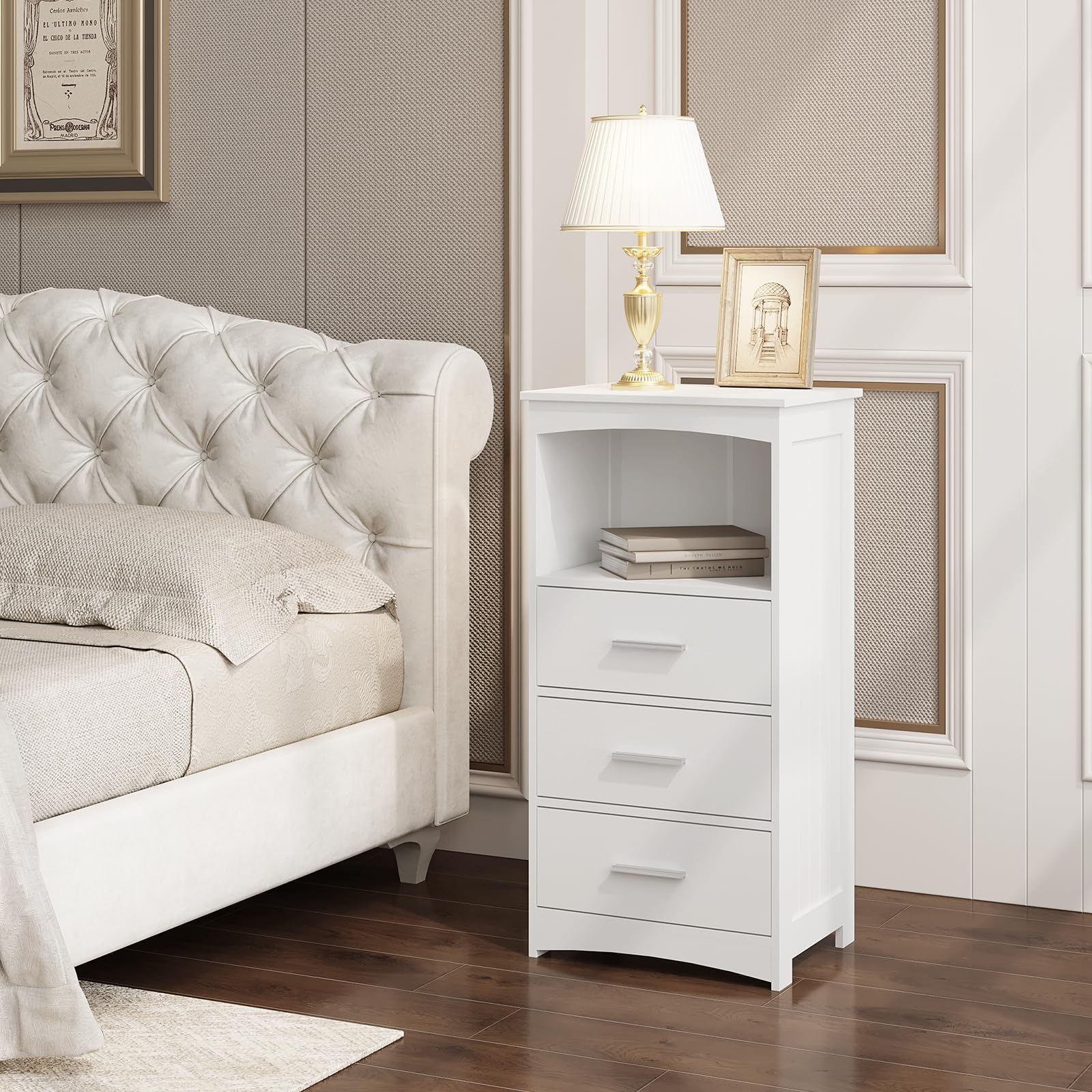 EUGAD Armario Estrecho, Armario de Columna, Mueble Auxiliar Baño con 3 Cajones y 1 Compartimiento Abierto, Mueble Baño Almacenamiento, 40x26,5x80 cm, Blanco