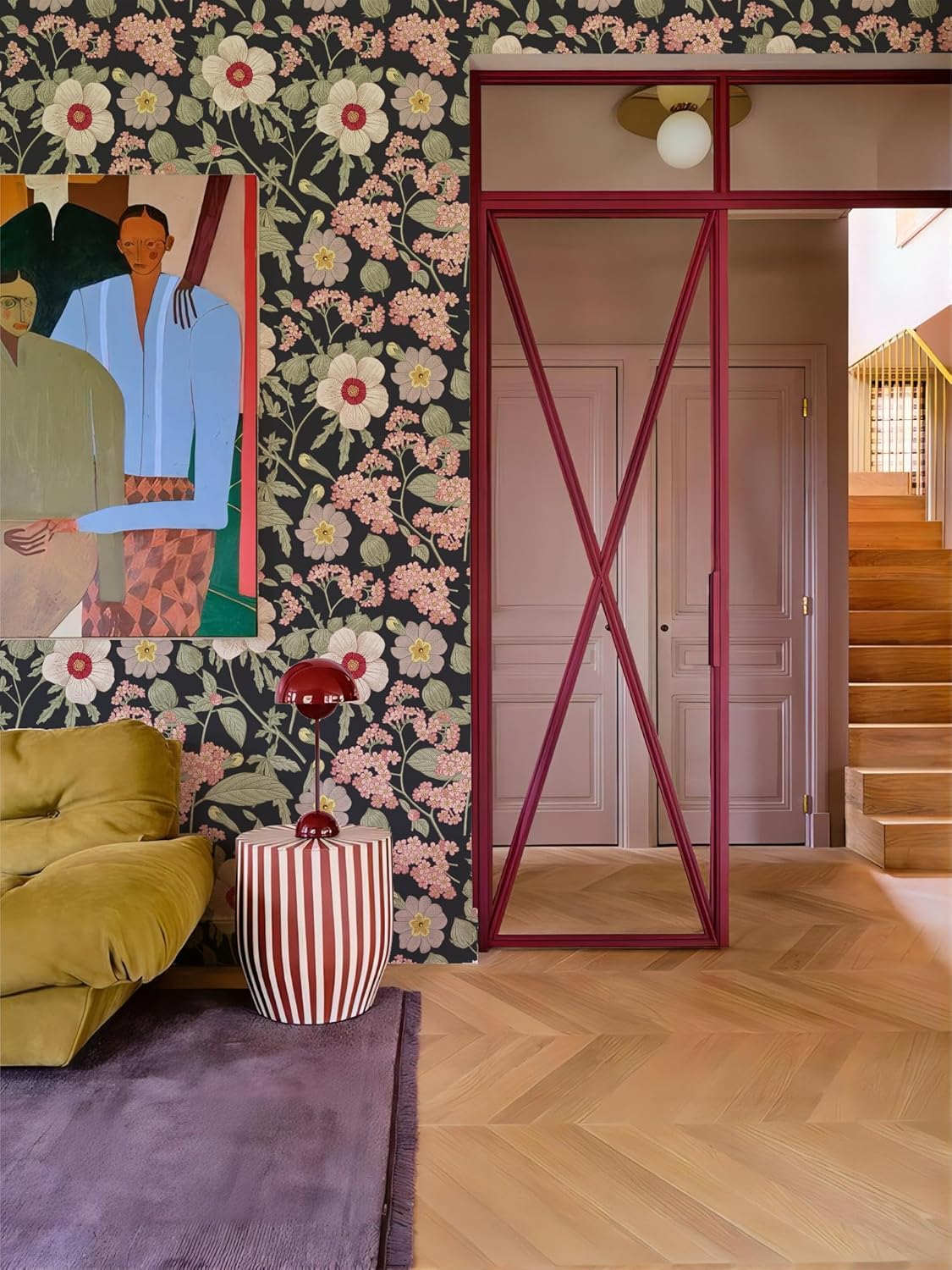 RollsRolla Modern Dark Moody Floral Peel and Stick Wallpaper White and Pink Flowers on Black Removable Wallpaper for Accent Wall Bedroom Living Room Bathroom