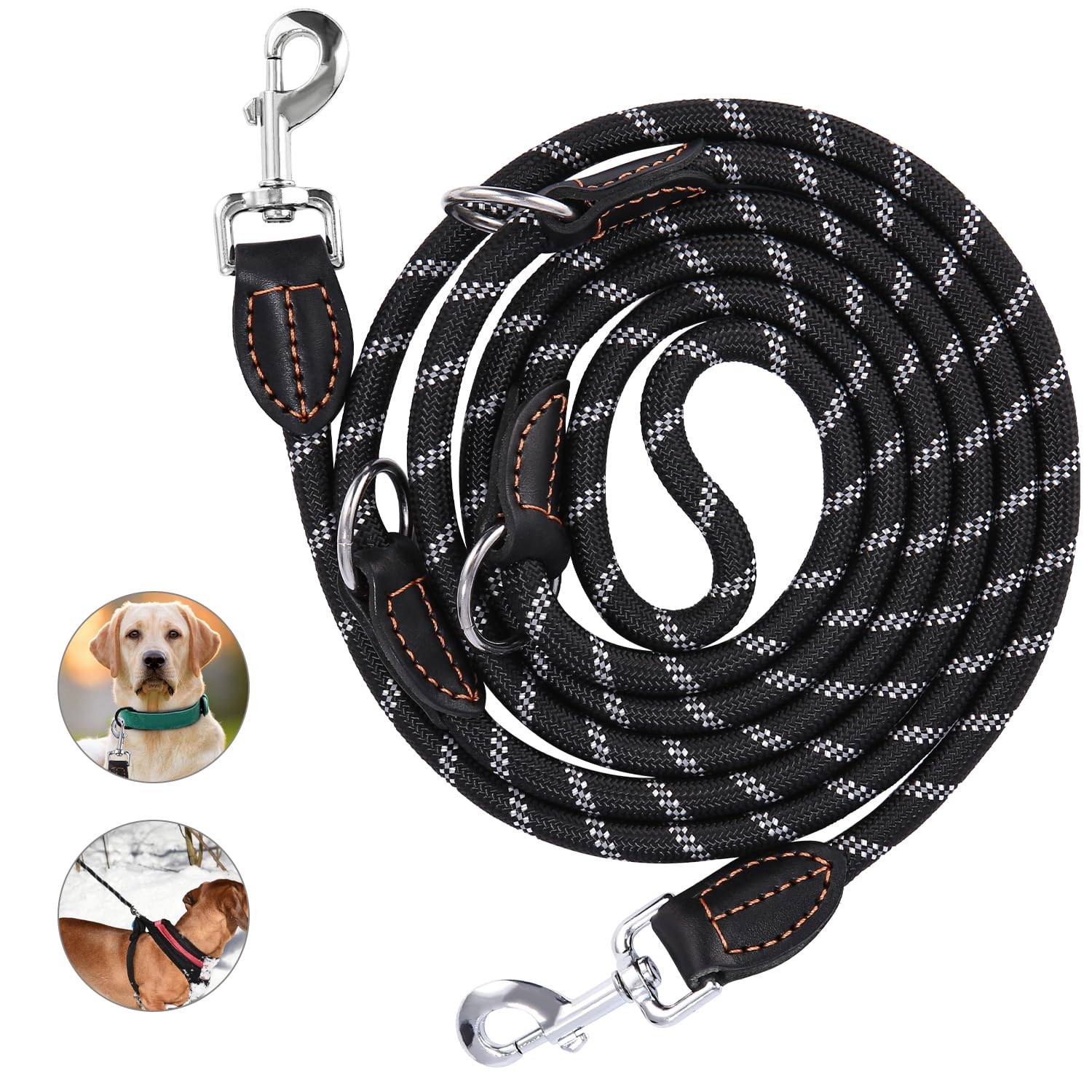 Correas de Perros, Correa Perro Ajustable de Nylon con 2 mosquetones y 3 Anillas, Correa para Perros de 3 m Ajustable, Correa para Perros Multifuncional, Negro