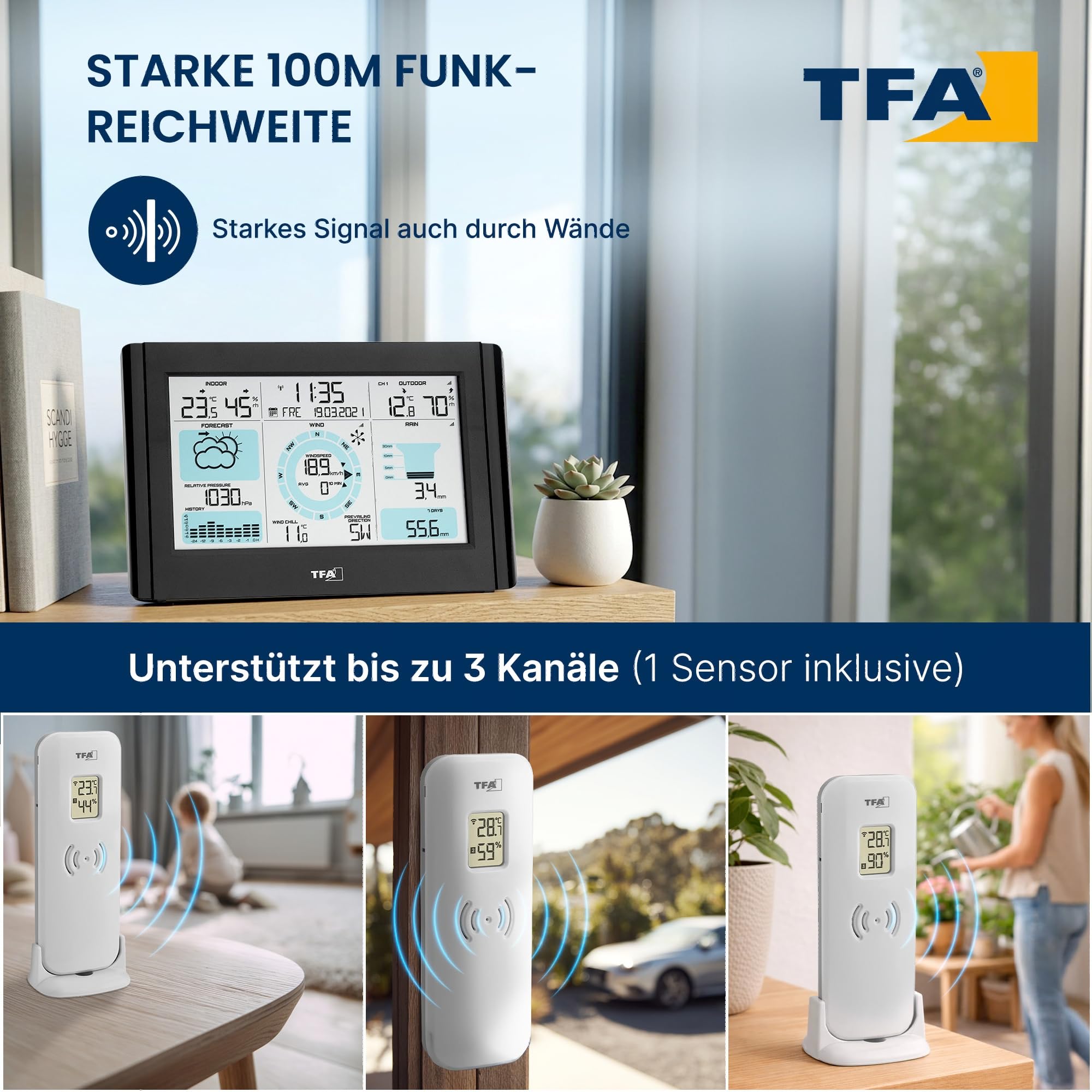 TFA Dostmann Funk-Wetterstation WEATHER PRO 35.1161.01, Windmesser mit Windrichtung und -stärke, Regenmesser mit Verlaufsgrafik, Wettervorhersage mit Symbolen, Luftdruckanzeige, Funkuhr, schwarz