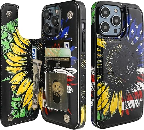 HAOPINSH Funda tipo cartera para iPhone 14 Pro Max, diseño de girasoles con bandera estadounidense, funda de piel sintética, tarjetero y soporte,