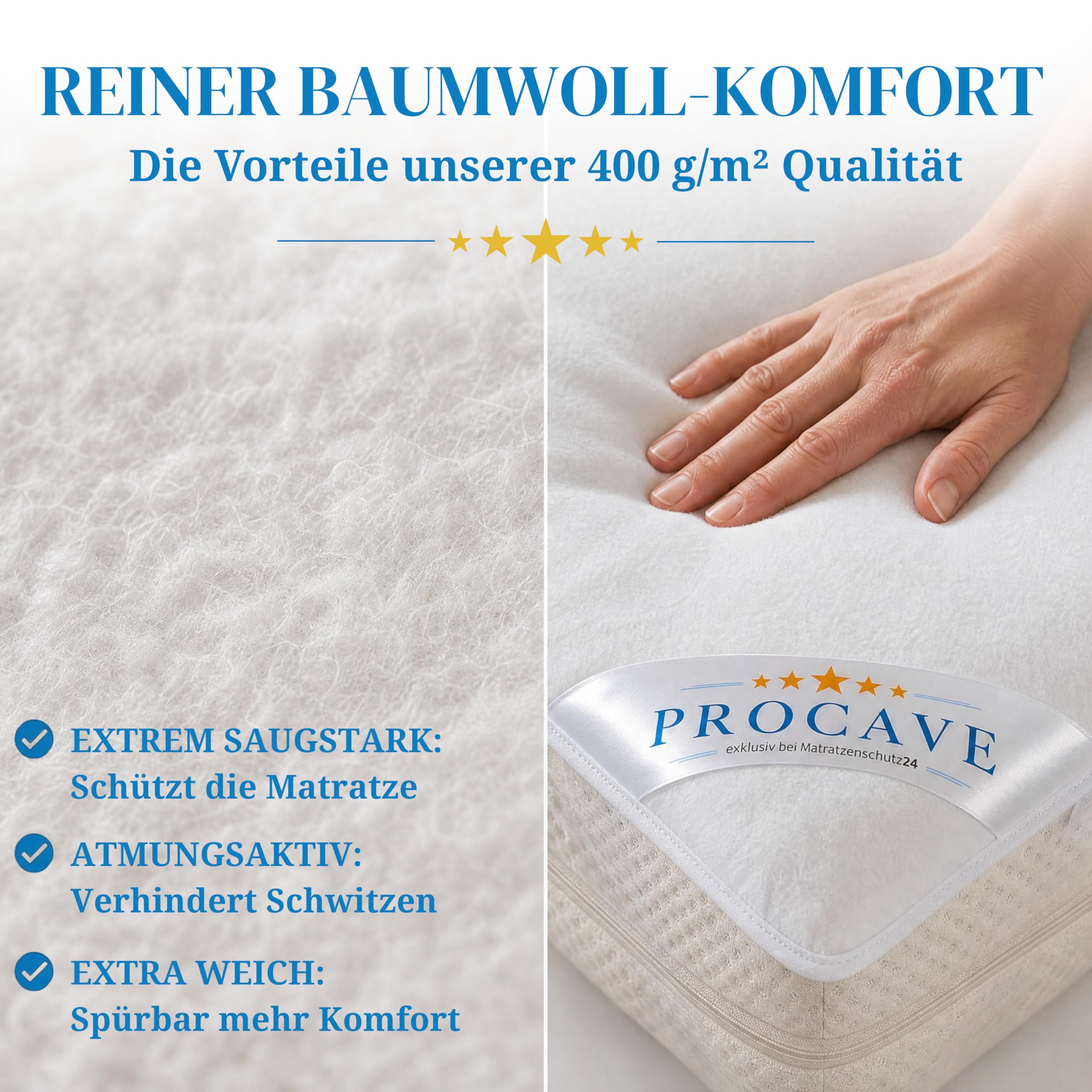 PROCAVE Protector de colchón de muletón en Blanco, 100% algodón, Protector de colchón como Protector de colchón, Fabricado en Alemania, 150 x 190 cm