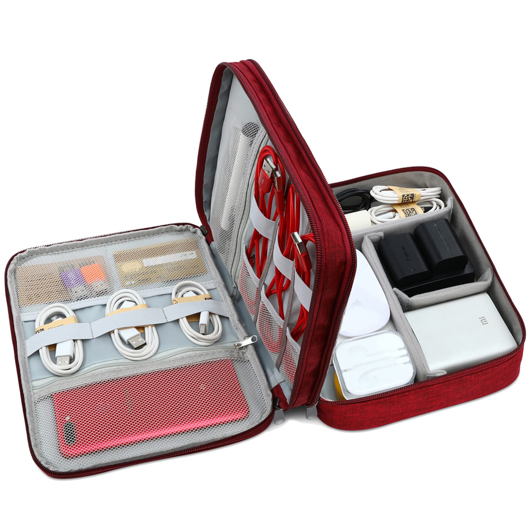 Double Layer Electronic Organizer with Cable Straps, Travel Universal Cable Organizer Electronics Accessories Cases for Cable, Charger, Phone, USB, SD Card Red