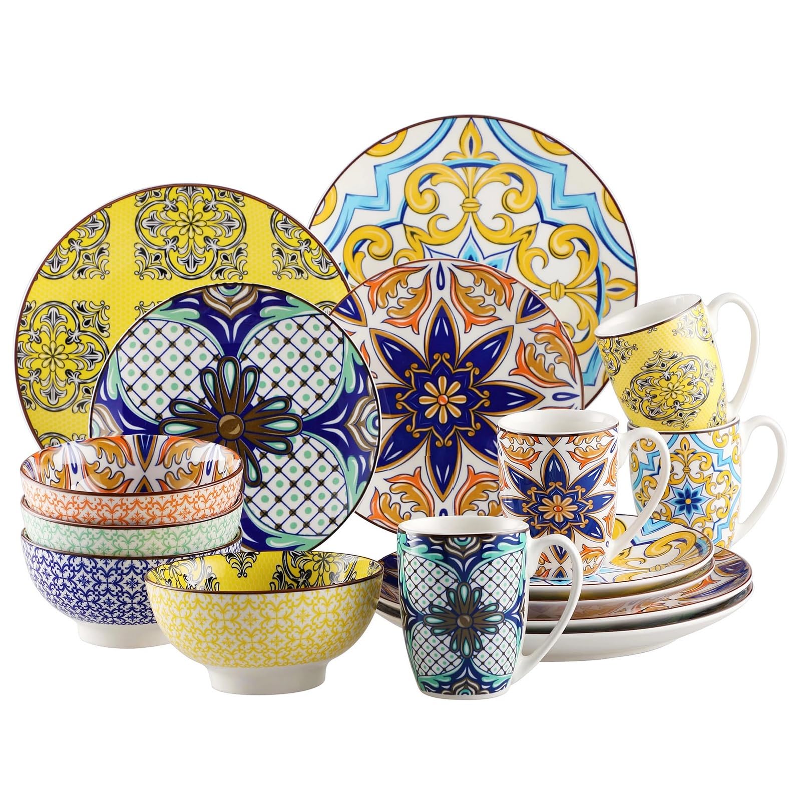 vajilla completa Juego de vajilla porcelana con diseño jazmín | Juego de vajilla de 16/32 piezas con plato llano, plato de postre, cuenco y taza(32-Piece)