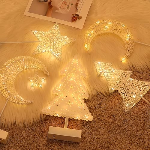 Miniatura 9 de Lámpara de árbol de Navidad, hilo de algodón enrollado, mini árbol de Navidad con luces, funciona con pilas, luz de árbol de Navidad para el hogar,