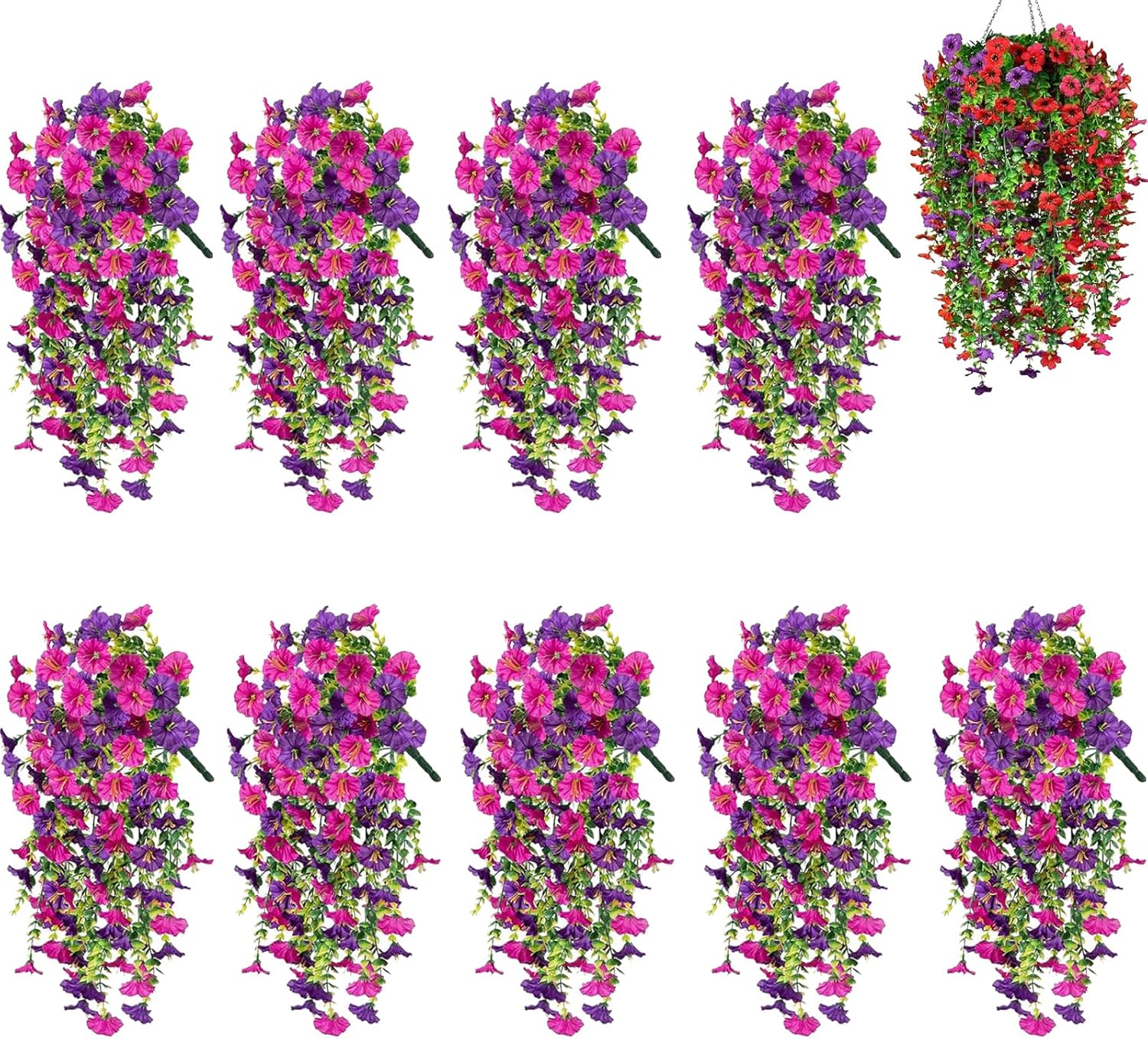 9PCS Artificial Morning Glory Vine with Eucalyptus – 30" Hanging Fake Flowers for Outdoor Decor, UV Resistant Silk Garland for Wall, Garden, Fence, Basket (Purple & Red 9Pcs)