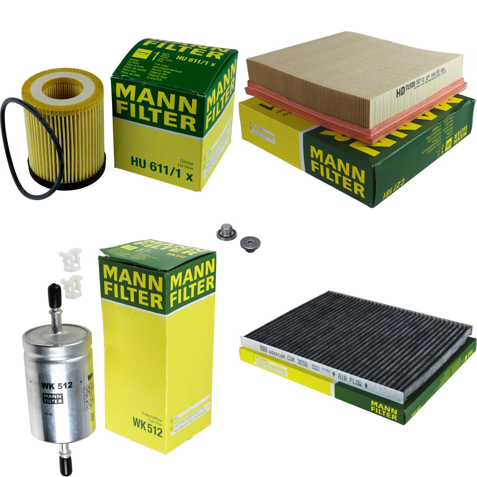 Paquete de inspección Kit de mantenimiento de filtros con filtro de aceite HU 611/1 x, filtro de aire C 27 181, filtro de combustible WK 512, filtro de habitáculo CUK 3059, tornillo de