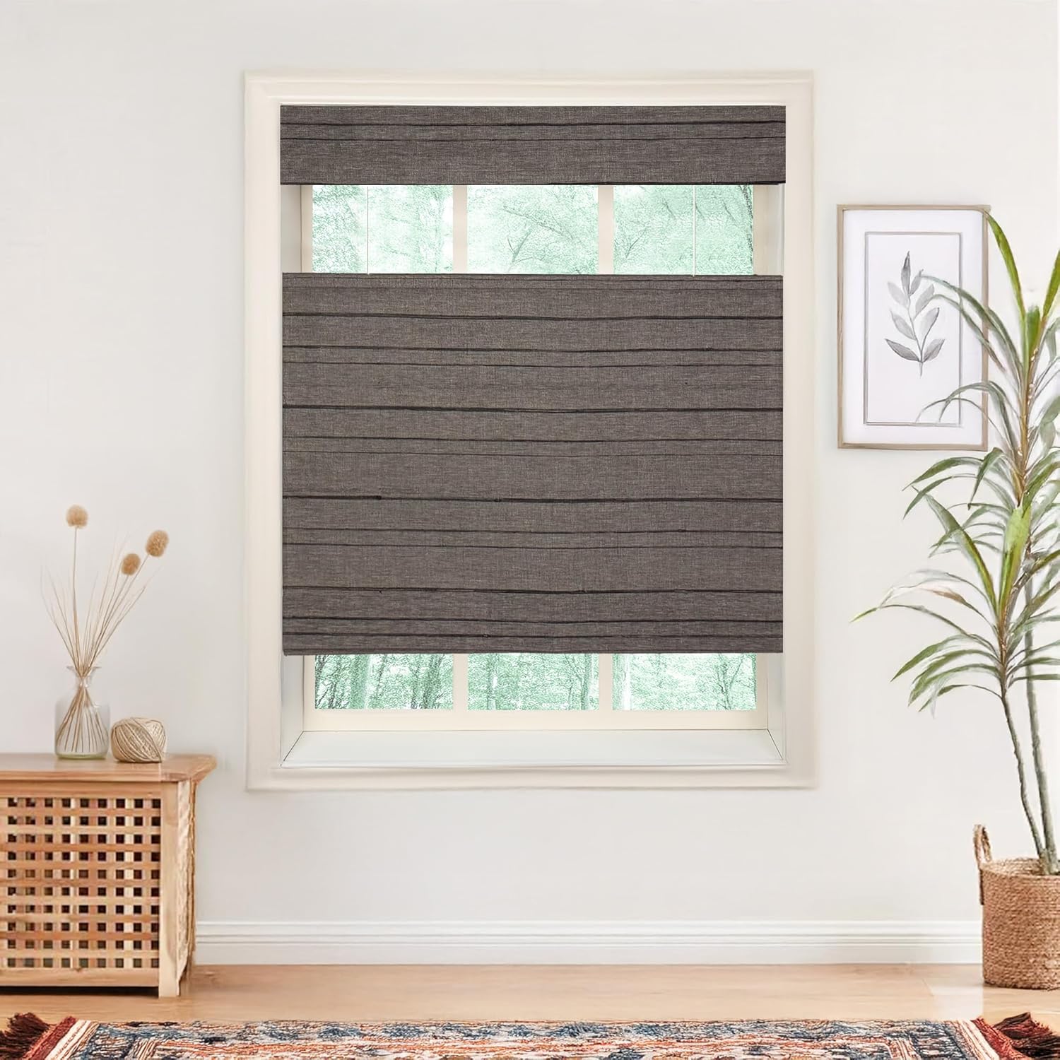 Natural Jute Hemp Top Down Bottom Up Roman Shades, Cordless Bamboo Roman Shades for Bedroom and Living Room, Light Filtering Bamboo Blinds, Black Gray