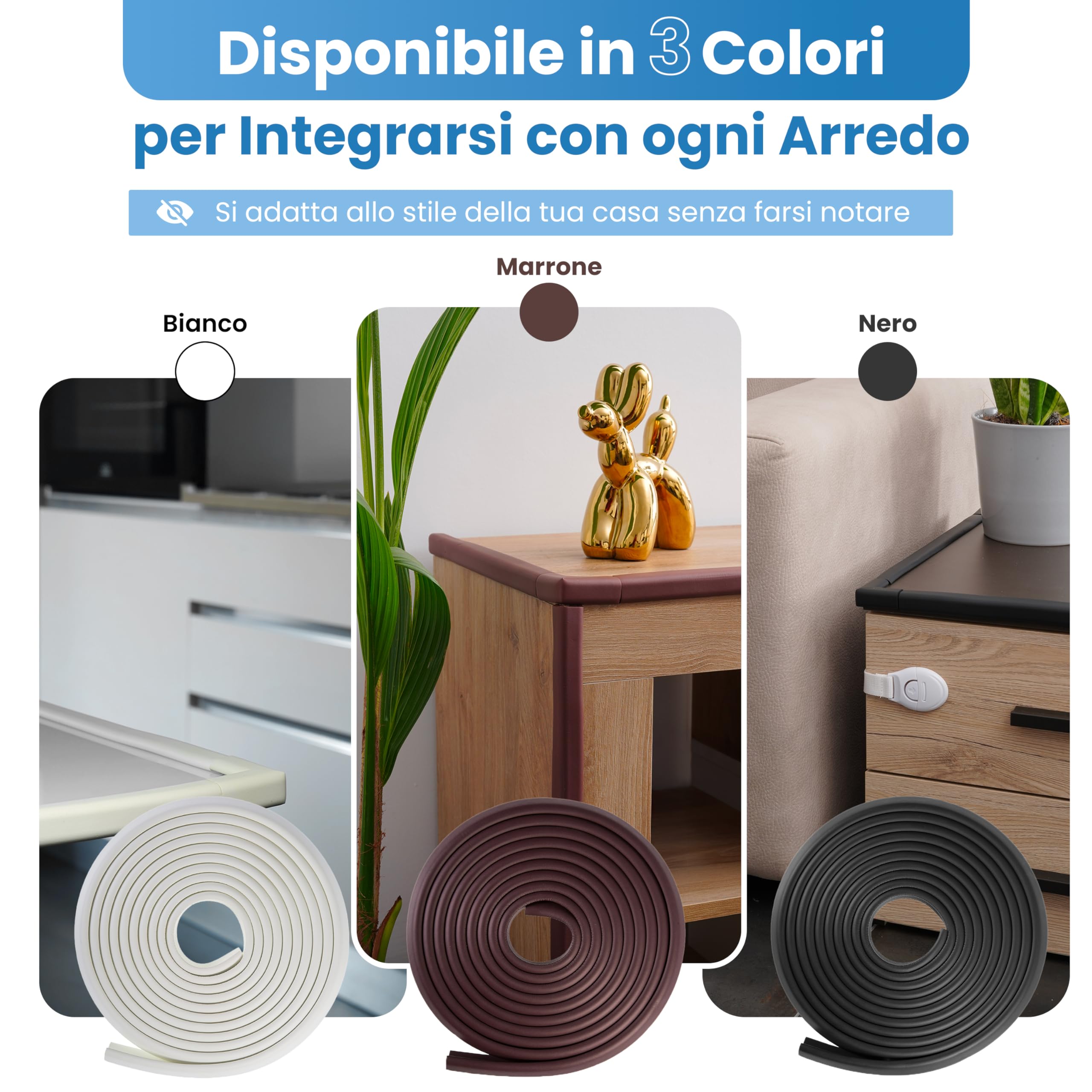 HAPPY CHLEA® Paraspigoli per Bambini Gomma Tecnologia Schiuma Attiva, Kit da 6,4 M Protezione, 8 Paraspigoli Angolari, 4 Blocca Cassetti + Fermaporta (Bianco)
