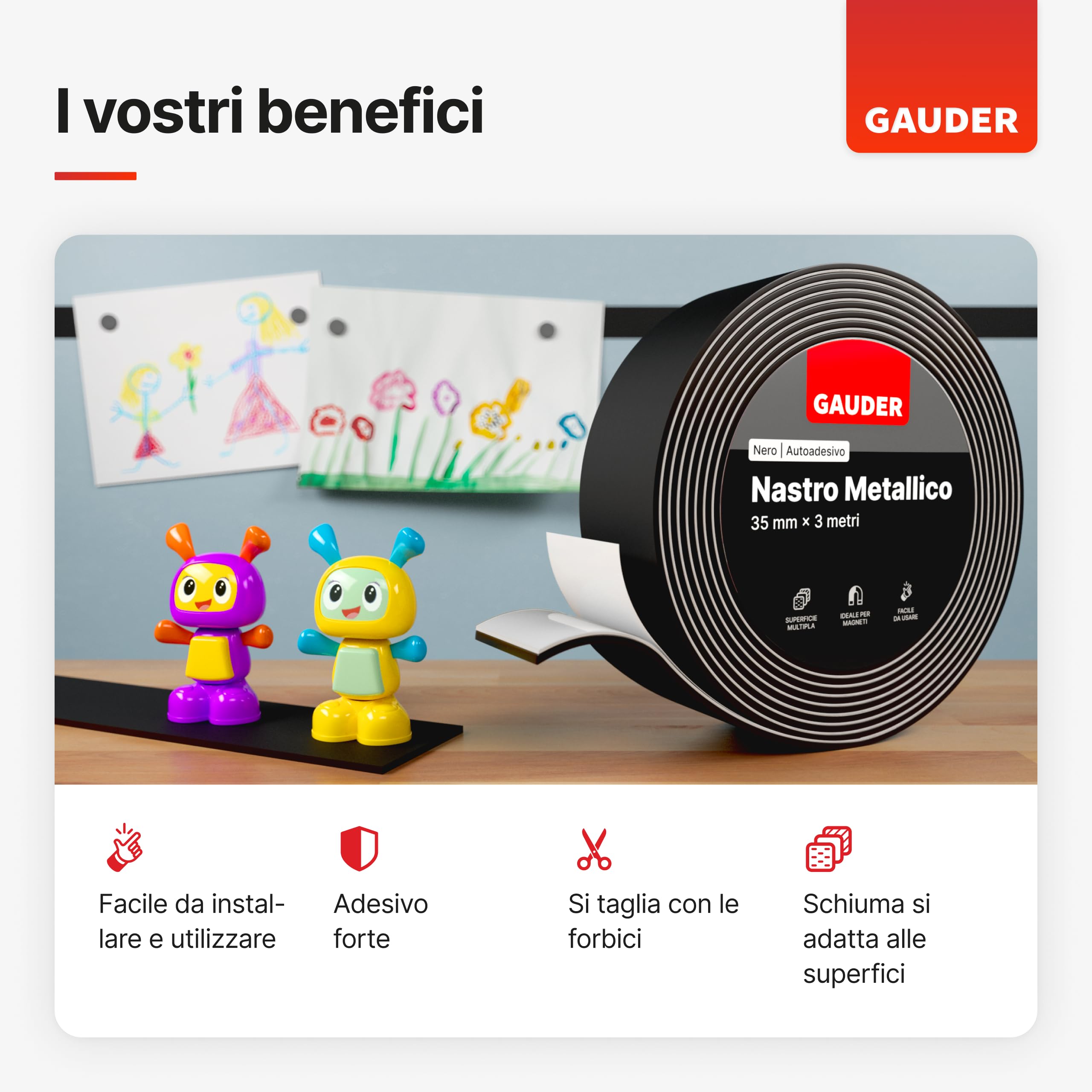 GAUDER Nastro metallico autoadesivo - Banda magnetica per magneti e figurine Tonie® & scaffali - Nastro ferro per fai-da-te e organizzazione (3 m x 35 mm - nero)