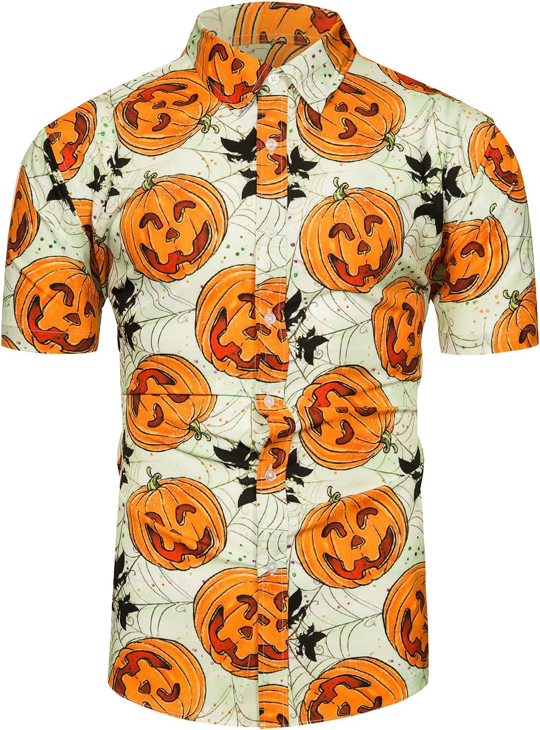 TUNEVUSE Men Halloween Shirts Pumpkin Print Short Sleeve Casual Button Down Dress Shirt