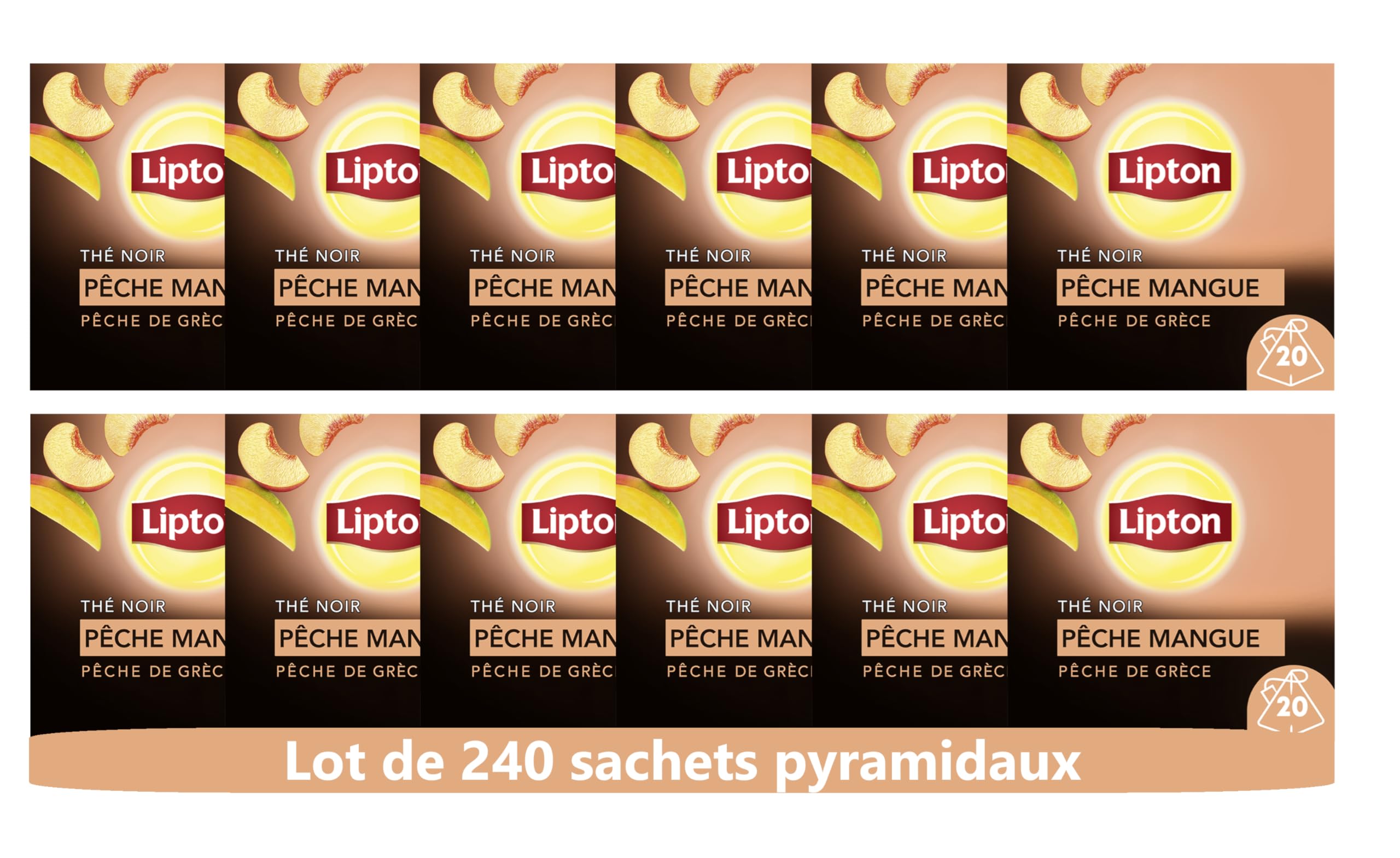 Lipton, Thé Noir Pêche Mangue de Grèce, Goût Frais et Equilibré, Thé Noir 100% d'Origine Naturelle, Vitalité, 12x20 sachets, 240 Sachets