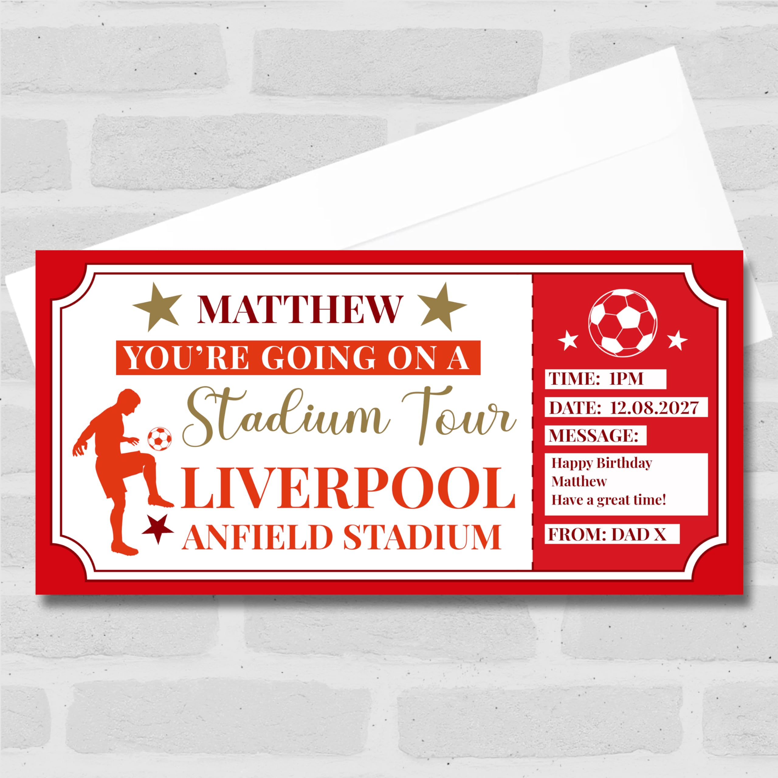 Greetings Card - Football Stadium Tour Stars Red Personalised Gift Voucher Surprise Ticket | Custom Greetings Card | Surprise Reveal Voucher Spoof Ticket