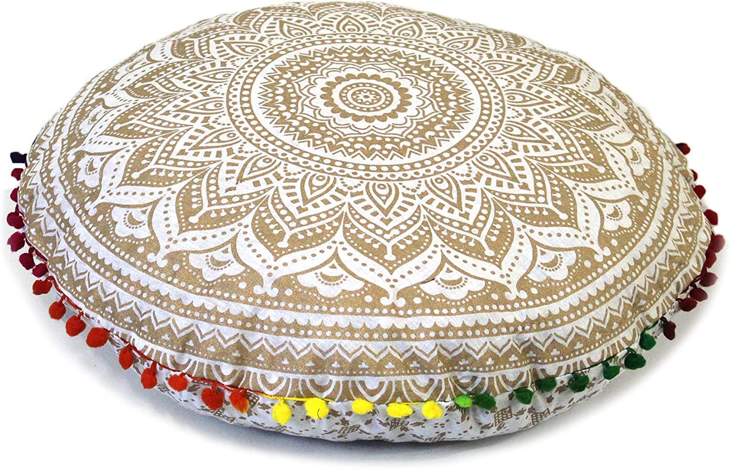 Round Pouf Cover - Gold Cotton with Pom -1