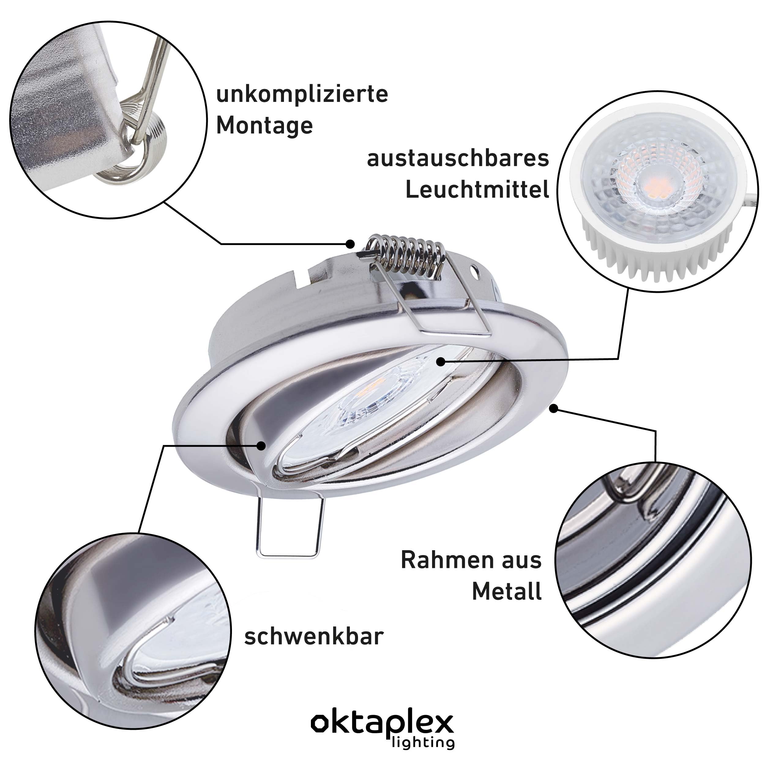 Oktaplex 6er Set Dijon LED Deckenspots 230V 3-Step dimmbar schwenkbar flach | 22mm Einbautiefe, Warmweiß 2700K, Lochmaß 68mm, 4,8W, 380lm, 110°, Einbaustrahler Chrom, rund