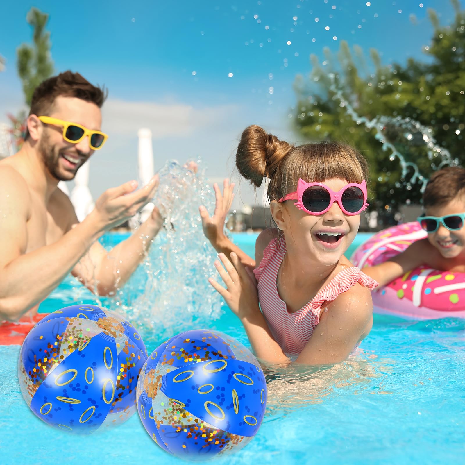 Whaline 16 bolas de playa inflables de erizo azul, anillo de oro azul, confeti con purpurina, bolas de PVC, lindos juguetes para verano, playa, cumpleaños, decoración de fiesta de fin de año