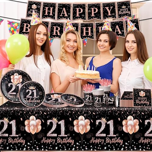 Miniatura 6 de GREHUMOR Decoraciones de vajilla para cumpleaños número 21, oro rosa 142