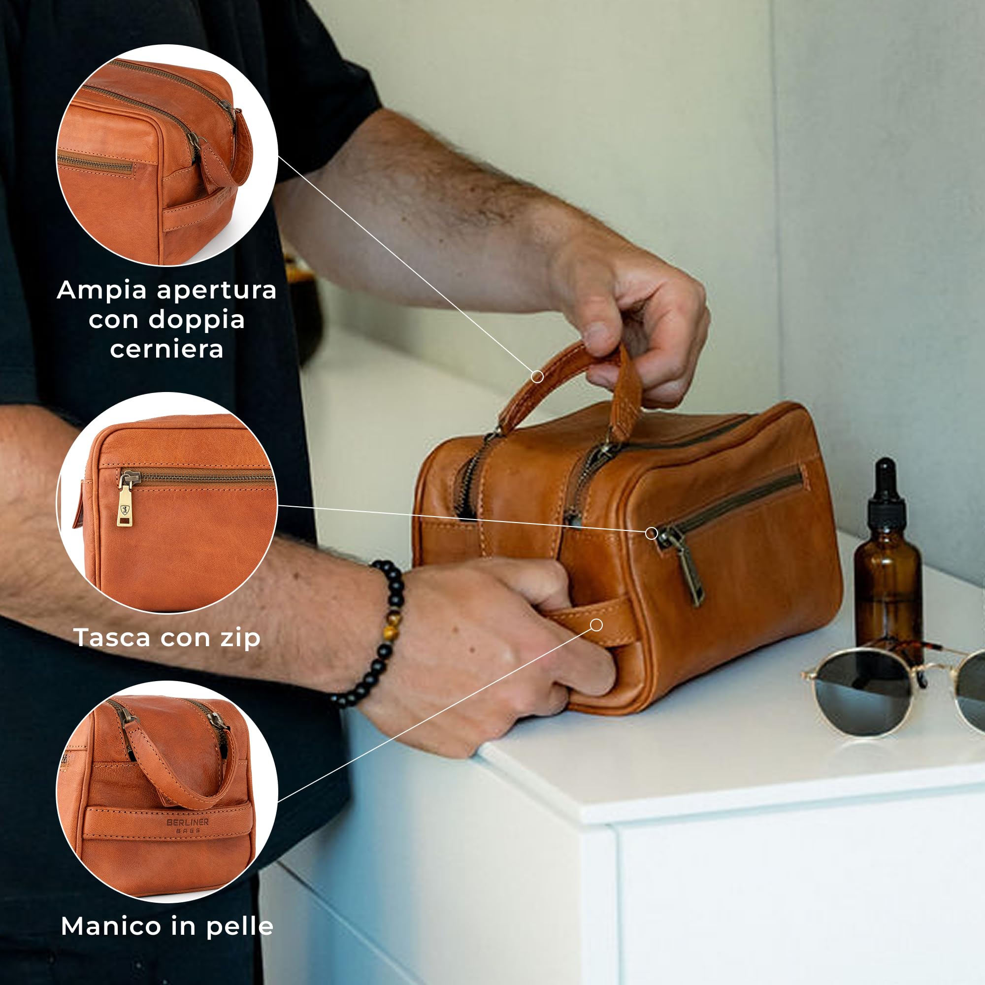 Berliner Bags Trousse da Viaggio Tim M in Vera Pelle, Beauty Case e Borsa da Toilette con Zip, Unisex – Marrone