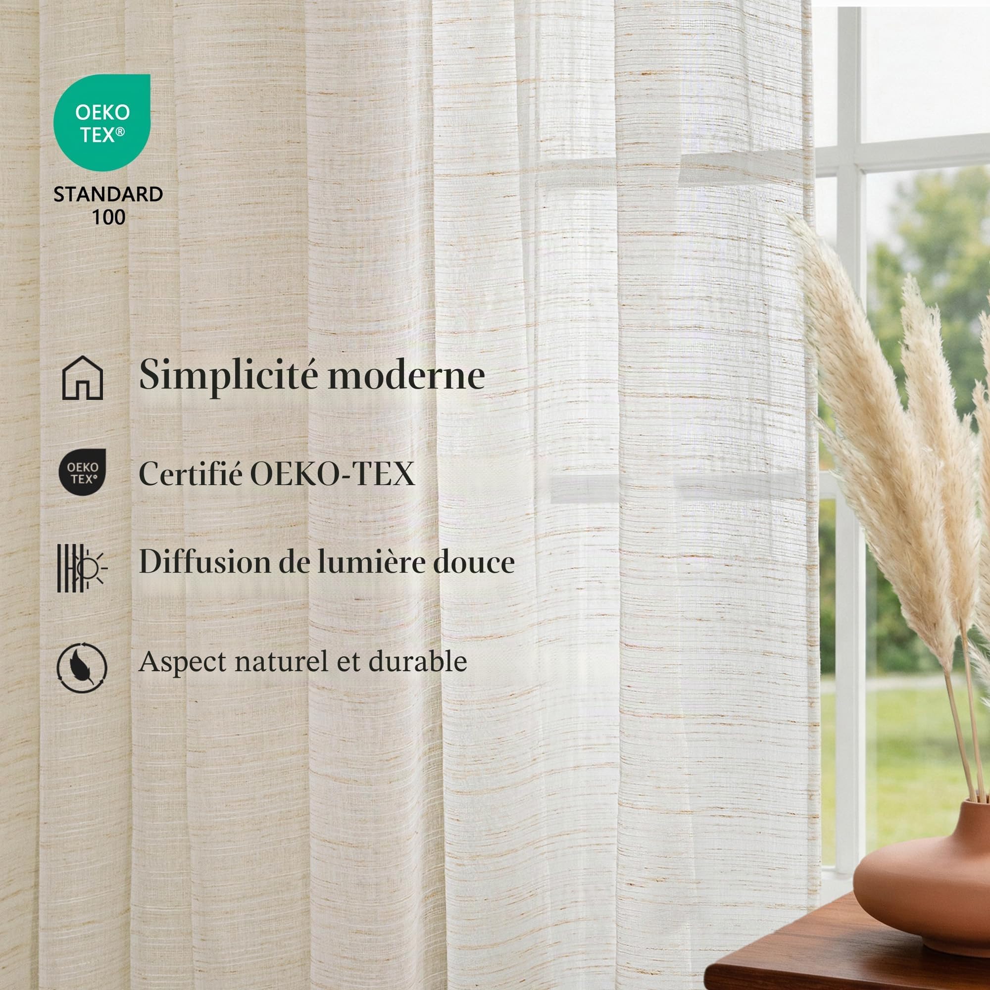 Rideau Voilage Transparent Lin Beige-de Salon Moderne Chambre Cuisine Balcon Baie Vitrée Léger Romantique à Oeillet Eyelet Tamisant Sheer Curtains Décorations d'intérieur de Fenêtre 140x280cm 2PC