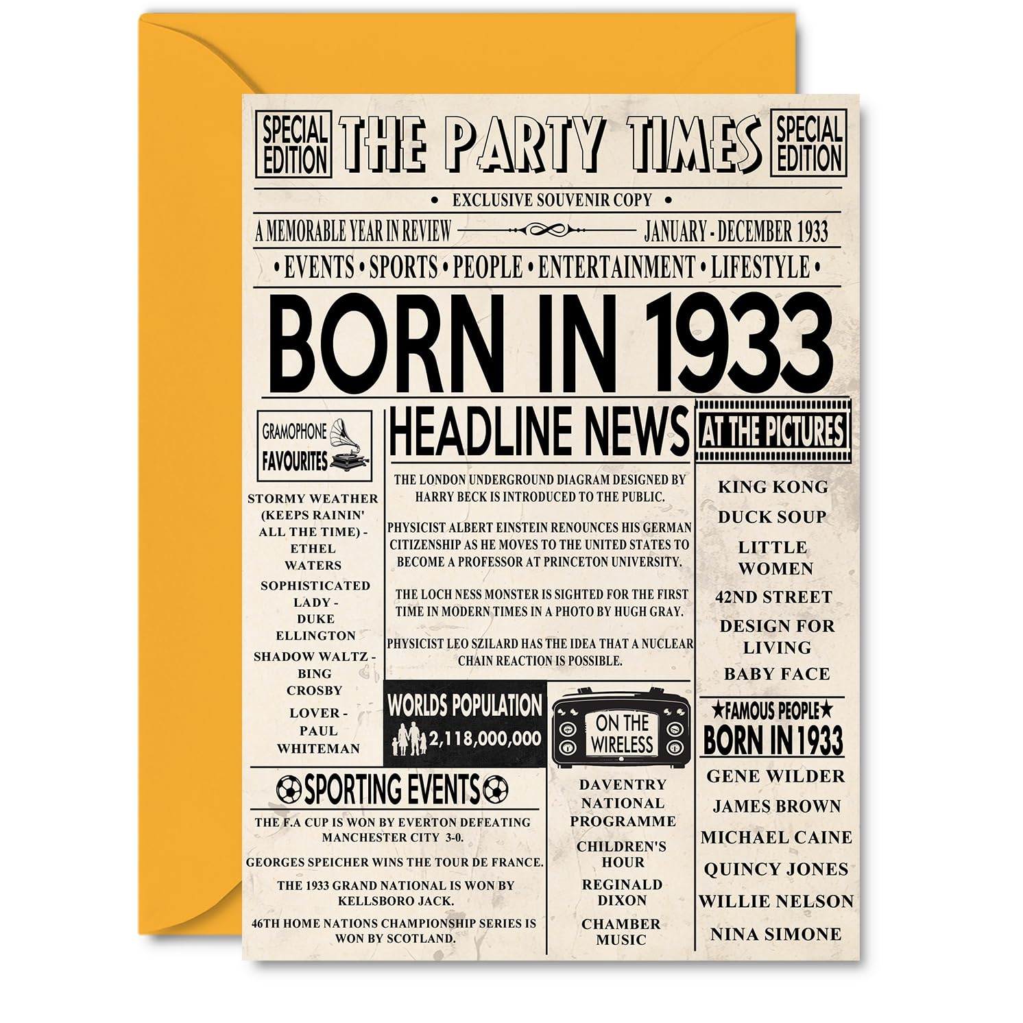 93rd Birthday Cards for Women Men - Born In 1933 Newspaper - Happy 93 Birthday Card for Grandma Grandad Nan Vintage Retro Back In 1933, A5 Bday Greeting Cards