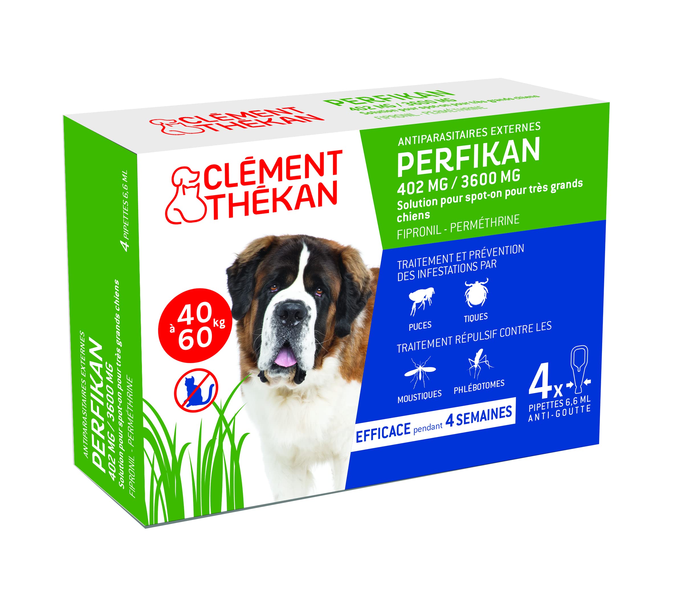 Clément Thékan Perfikan Très Grands Chiens (40–60 kg) – 402 mg/3600 MG – Anti-Puces Anti-Tiques Anti-Moustiques Anti-Phlébotomes – Protège Jusqu’à 4 semaines – Fabriqué en France – 4 pipettes Spot on
