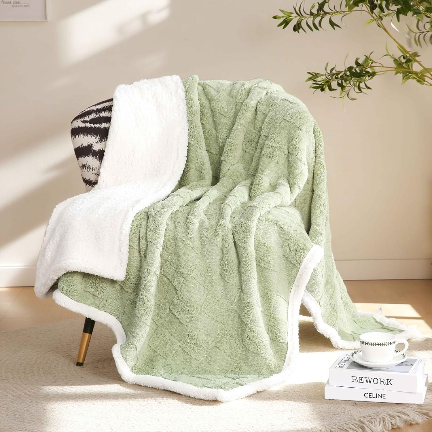 Sherpa Throw Blanket for Couch, Flannel Cozy Soft Thick Blanket for Bed - Fleece, Sage Green, 60x80 Inches - Image 4