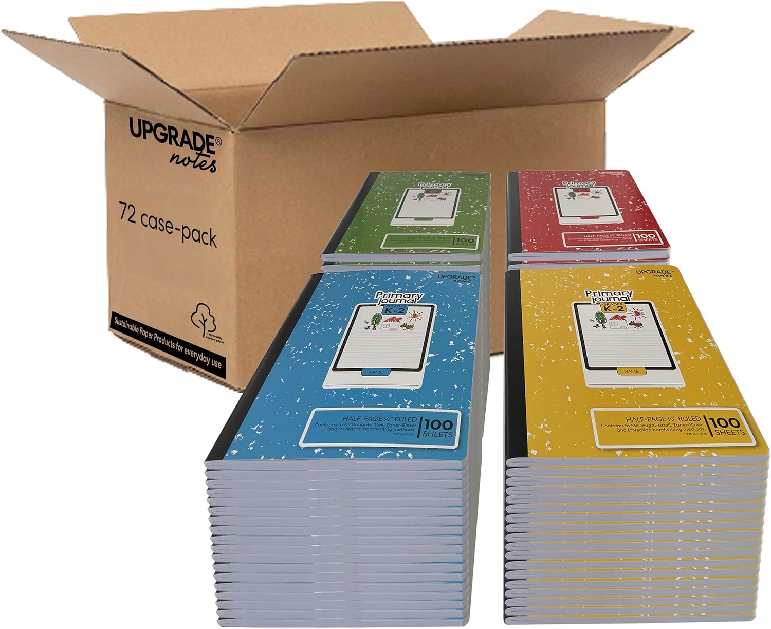 Primary Journal for Grades K–2; Half-Page ½” Primary Ruled, Story Composition Notebook; 100 Sheets 9.75” x 7.5”; Assorted Marble Colors, 72 Bulk Pack