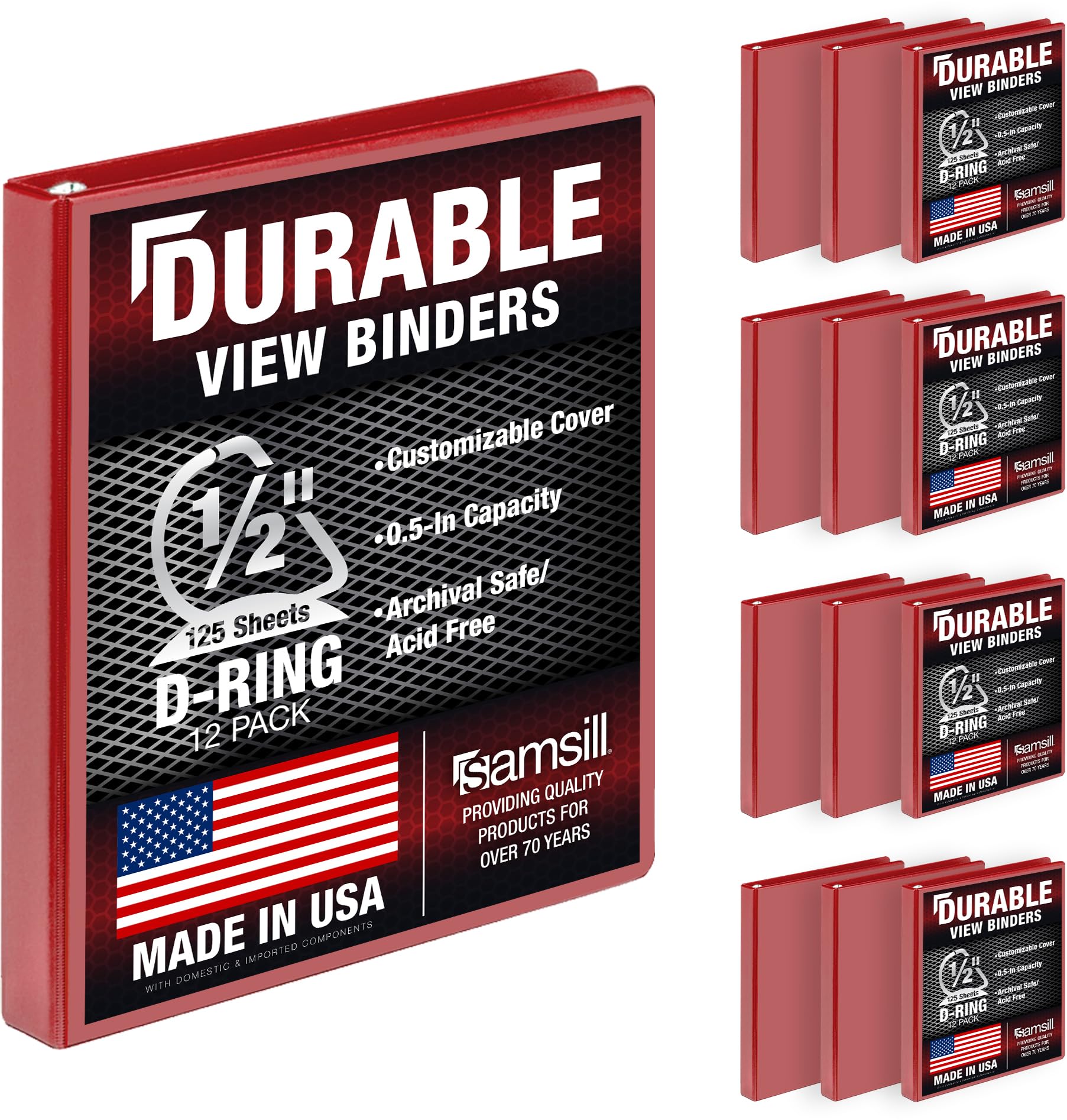 Samsill Red 0.5 inch D-Ring Binder, 100% Recycled Chipboard, 12 Pack | Bulk Pack Storage Binder for Students & Office - main product image