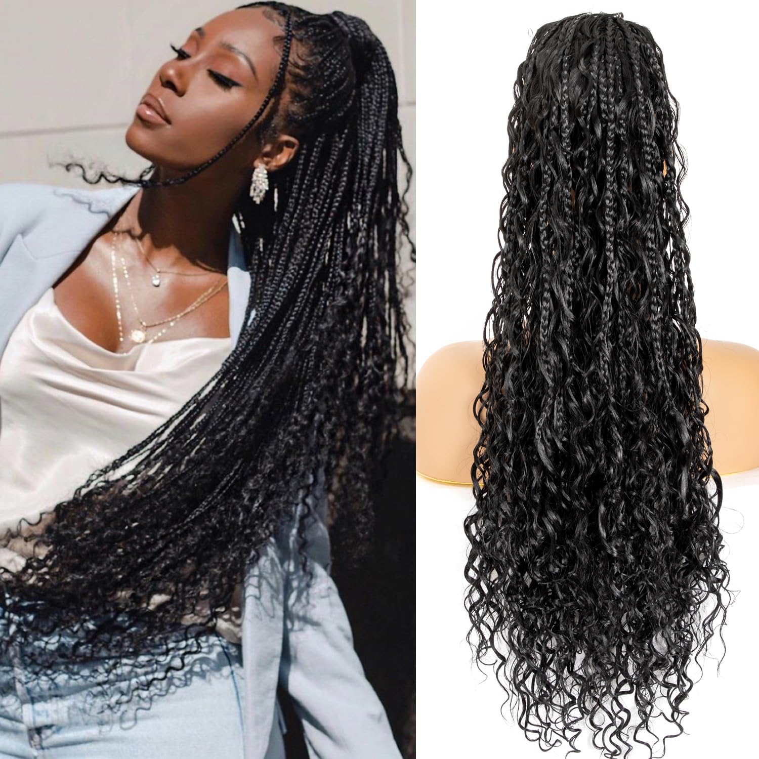 Drawstring Ponytail for Women 24 inch Boho Box Braids with Long Wavy Hair Ponytail Extension Natural Black Synthetic Hair Extensions Ponytail for Daily Use (1B#, 24 Inch)