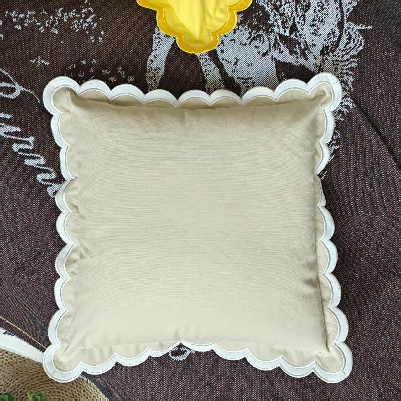 Scalloped Edge Embroidery Pillow Cover Set of 2 | Decorative Throw Pillow Covers | Boho-Chic cushion covers for Living Room (Beige)