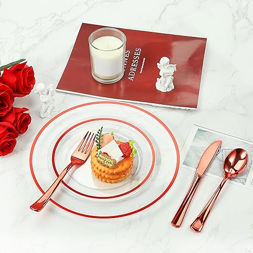 Miniatura 4 de Goodluck Juego de 50 cubiertos de plástico preenrollados color rojo, juego de cubiertos envueltos con 50 tenedores, 50 cuchillos, 50 cucharas y 50