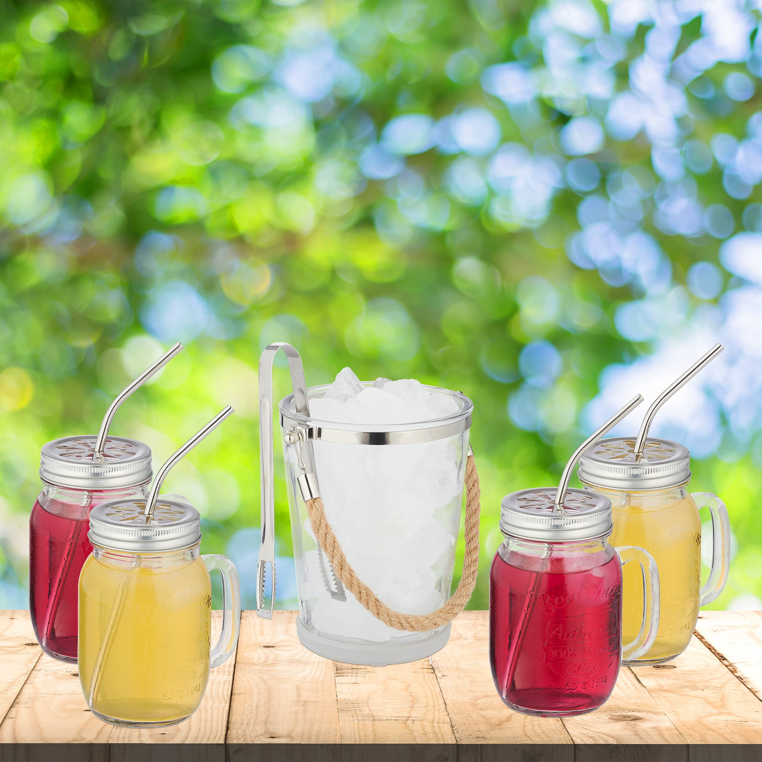 Relaxdays Bicchieri con Cannuccia Set da 4, 500 ml, con Manico, con Coperchio, Secchiello per Il Ghiaccio, Trasparenti