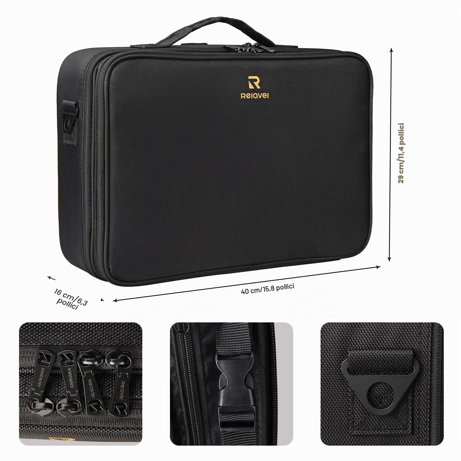 Relavel Borsa cosmetica grande borsa per il trucco da viaggio borsa per il trucco professionale borsa organizer per unghie portatile scatola organizer per trucchi artista (nero-L), nero-L,