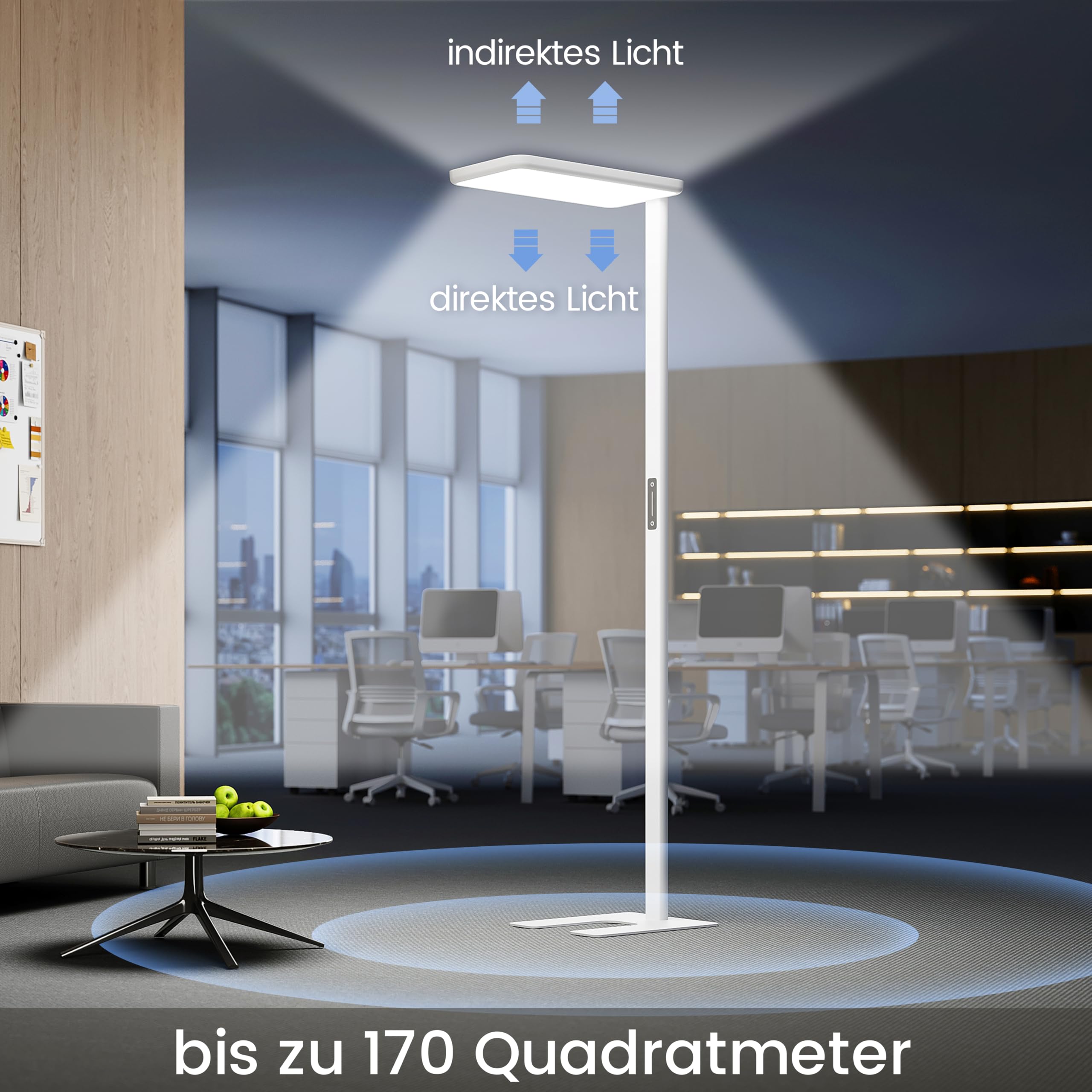 Büro Stehlampe – UGR<16, CRI>98, 6600lm, Vollspektrum | 198cm Büro Stehlampe | UGR<16 + CRI>98 | 6600lm Vollspektrum 4000K | 2 Lichtquellen getrennt dimmbar | Touch + Memory | Weiß