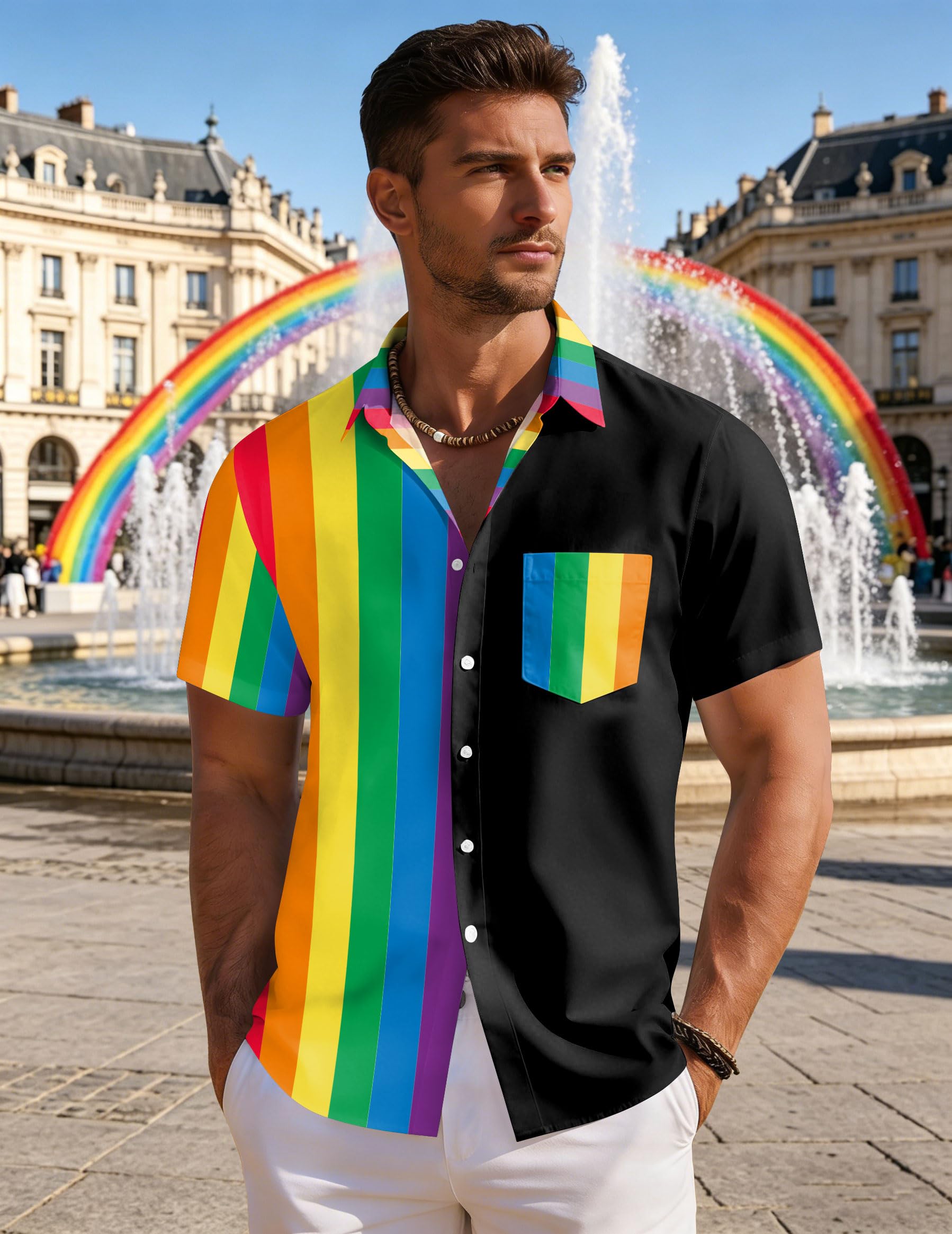 VVNTY Pride, camicia da uomo LGBTQ arcobaleno con bottoni, estiva, gay, LGBT, a maniche corte