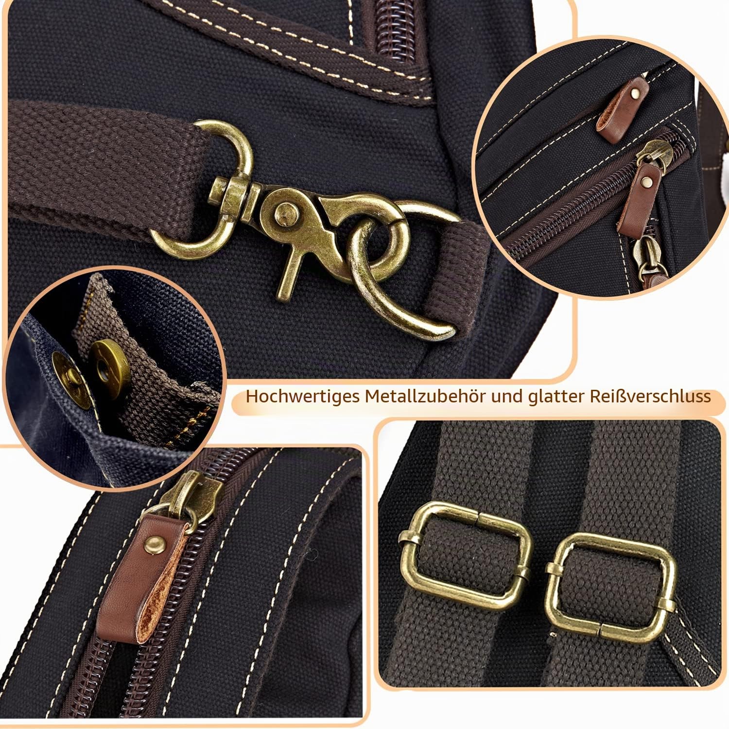 Canvas Sling Bag Crossbody Brusttasche Rucksack Schultertasche Umhängetasche für Radfahren Camping Wandern Reisen Schule für Herren Damen (Schwarz)