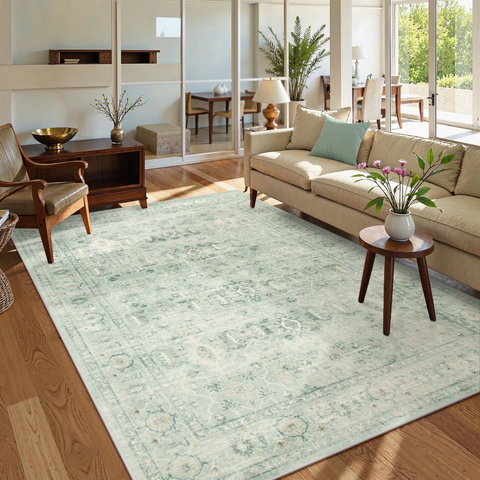Lahome Vintage 5x7 Washable Green Rugs for Living Room Bedroom, Soft Dining Room Rugs for Under Table, Non Slip Indoor Throw Carpet for Entryway