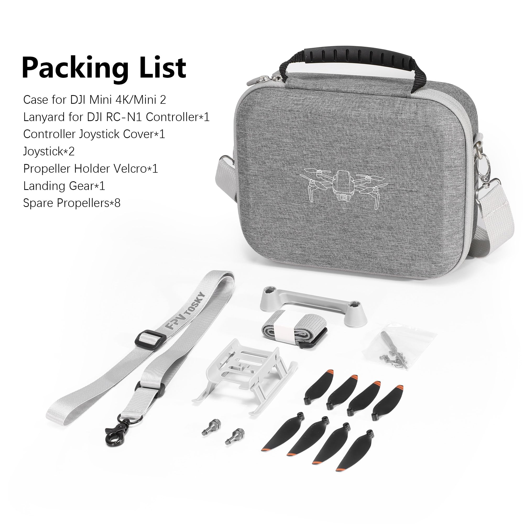 FPVtosky Mini 4K Sac Compact 7 en 1 Kit pour DJI Mini 2 SE/4K Drone Accessoires Sac de transport avec atterrisseur, manche de commande, hélices, porte-hélice et protection, Gris