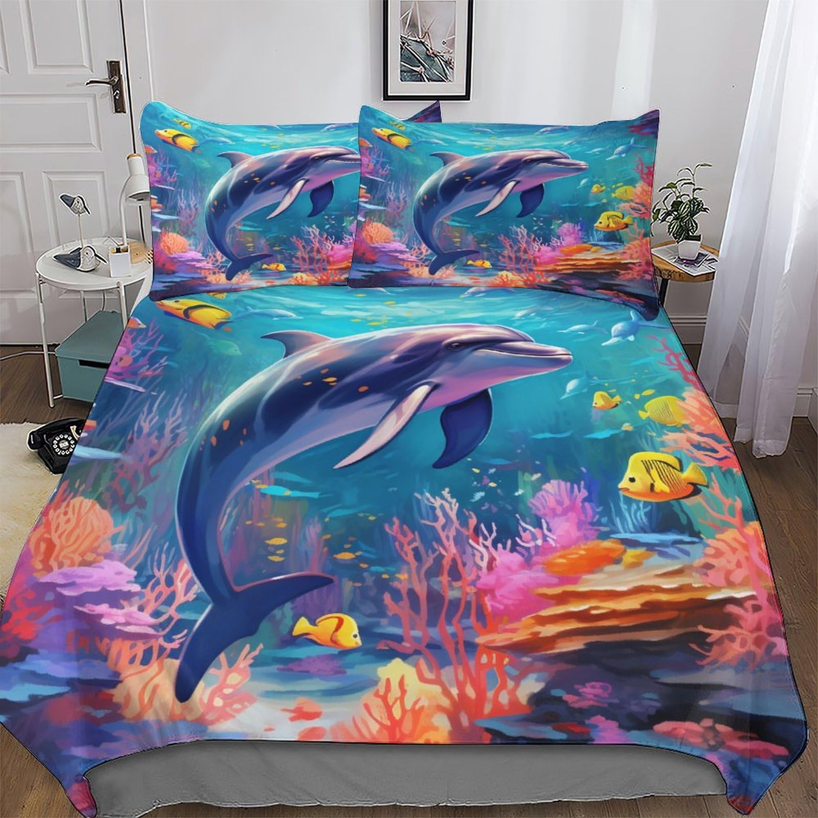 Housse de couette dauphin 220x240 cm avec 2 taies d'oreiller pour lit King