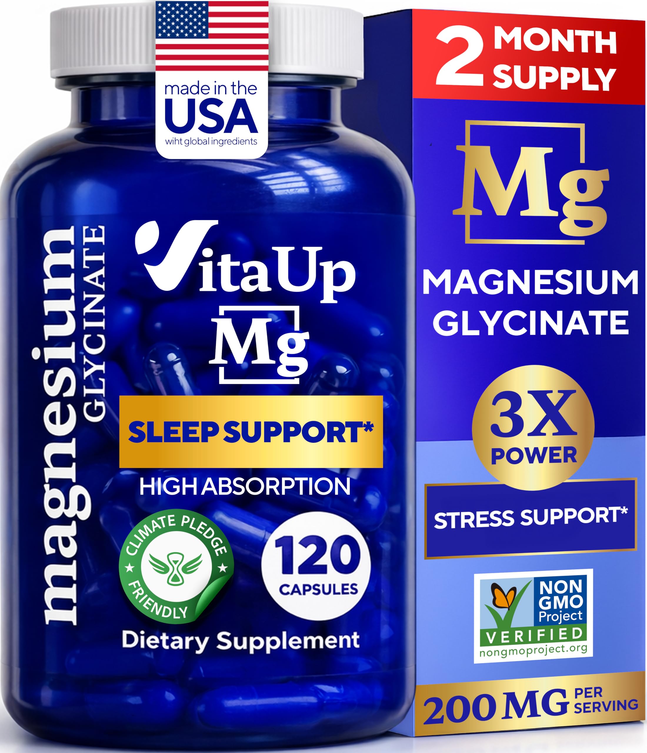 Magnesium Glycinate 200mg - USA Made Magnesium Supplement for Sleep, Heart, Bones, Metabolism Support - High Absorption Magnesium Bisglycinate Capsules - 120 Vegan Chelated Capsules
