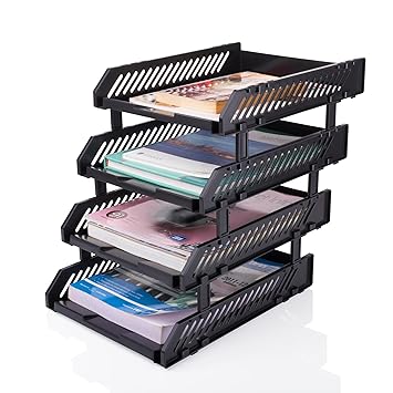 Vallaree Desktop Bookshelf Magazine Organizer Multi Compartment Plastic Frames File Holder Dividers Document Storage Box For Office Home School - Tabletop, Step Shelf Stationary (Black, 4 Layer) - image, photos