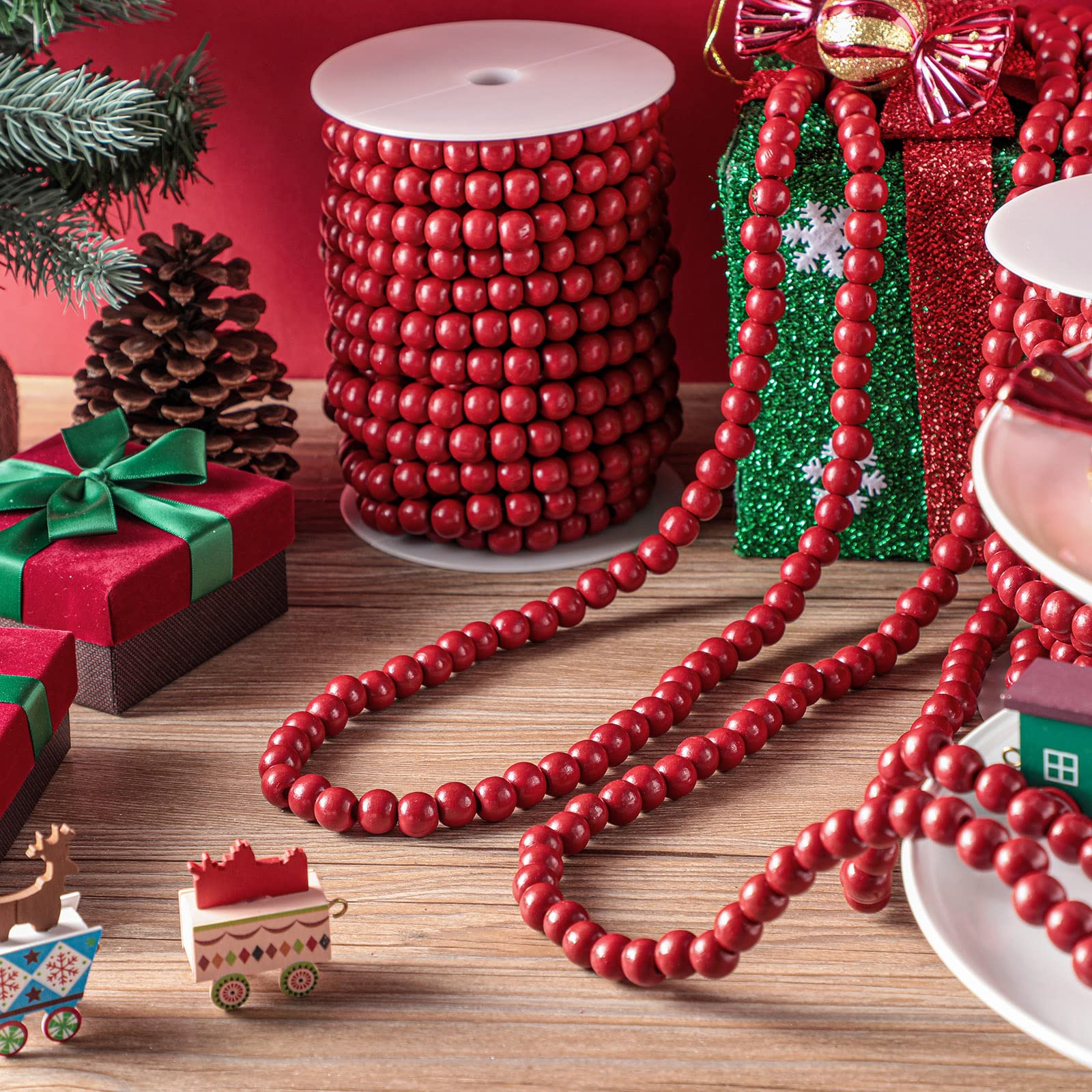 2 Stück 1,8 m insgesamt Weihnachten Holzperlengirlande Dekor Weihnachtsbaumschmuck handgefertigte Weihnachtsgirlande Boho Bauernhaus Girlande Holzgirlande für Weihnachten Urlaub Gastgeschenke (rot)