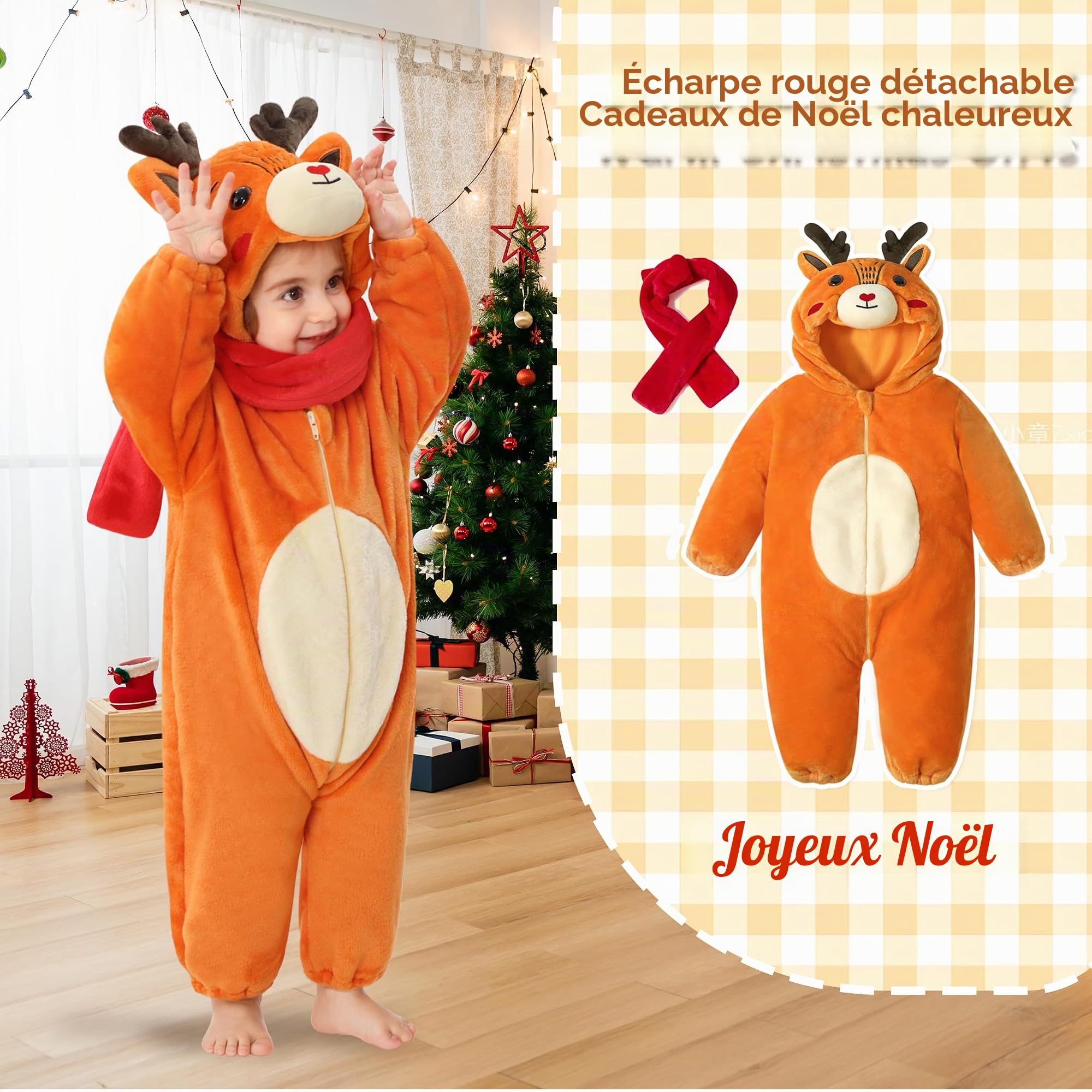 LOLANTA Déguisement de Renne Unisexe pour Bébé, Animal Combinaison en Flanelle à Capuche Barboteuse Enfant, Costume de Noël