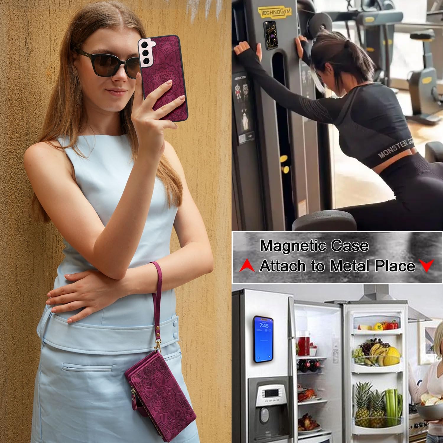Harryshell Detachable Magnetic Zipper Wallet Leather Case with Cash Coin Pocket 12 Card Slots Holder Wrist Strap Lanyard for Samsung Galaxy S22 5G 6.1 inch (2022) (Flower Wine Red)