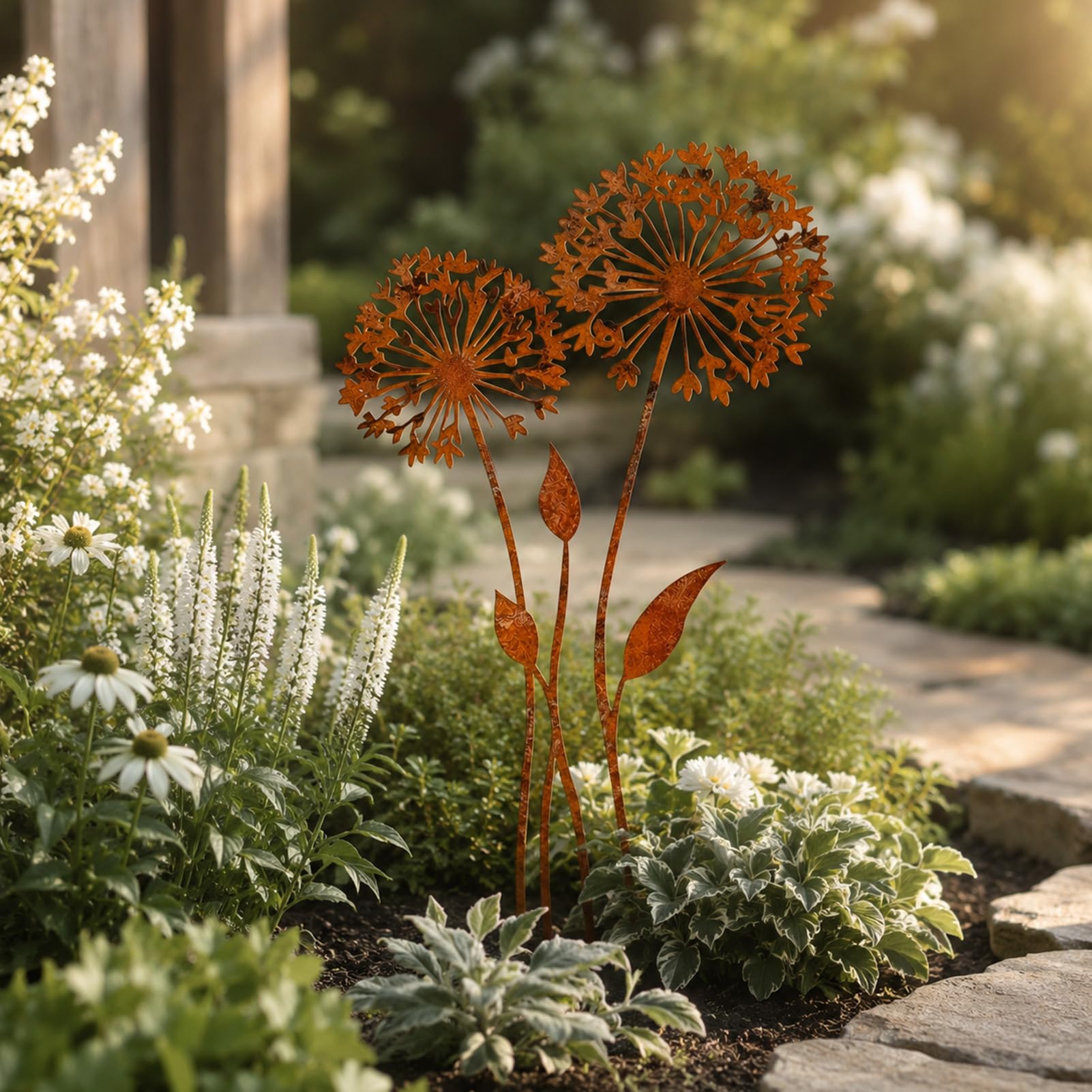 Juego de estacas de jardín de Metal Oxidado, estacas Decorativas de Diente de león, estacas de Flores de Primavera, decoración de jardín Exterior Resistente a la Intemperie