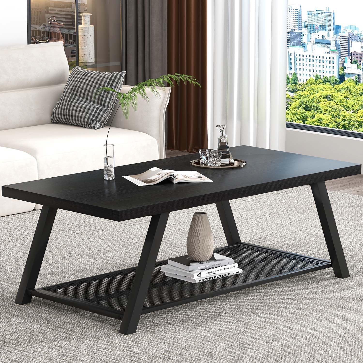 FOLUBAN Black Coffee Table with Storage, Modern Rustic Wood and Metal Coffee Tables for Living Room, 2-Tier Industrial Rectangle Cocktail Tea Table, 47 Inch